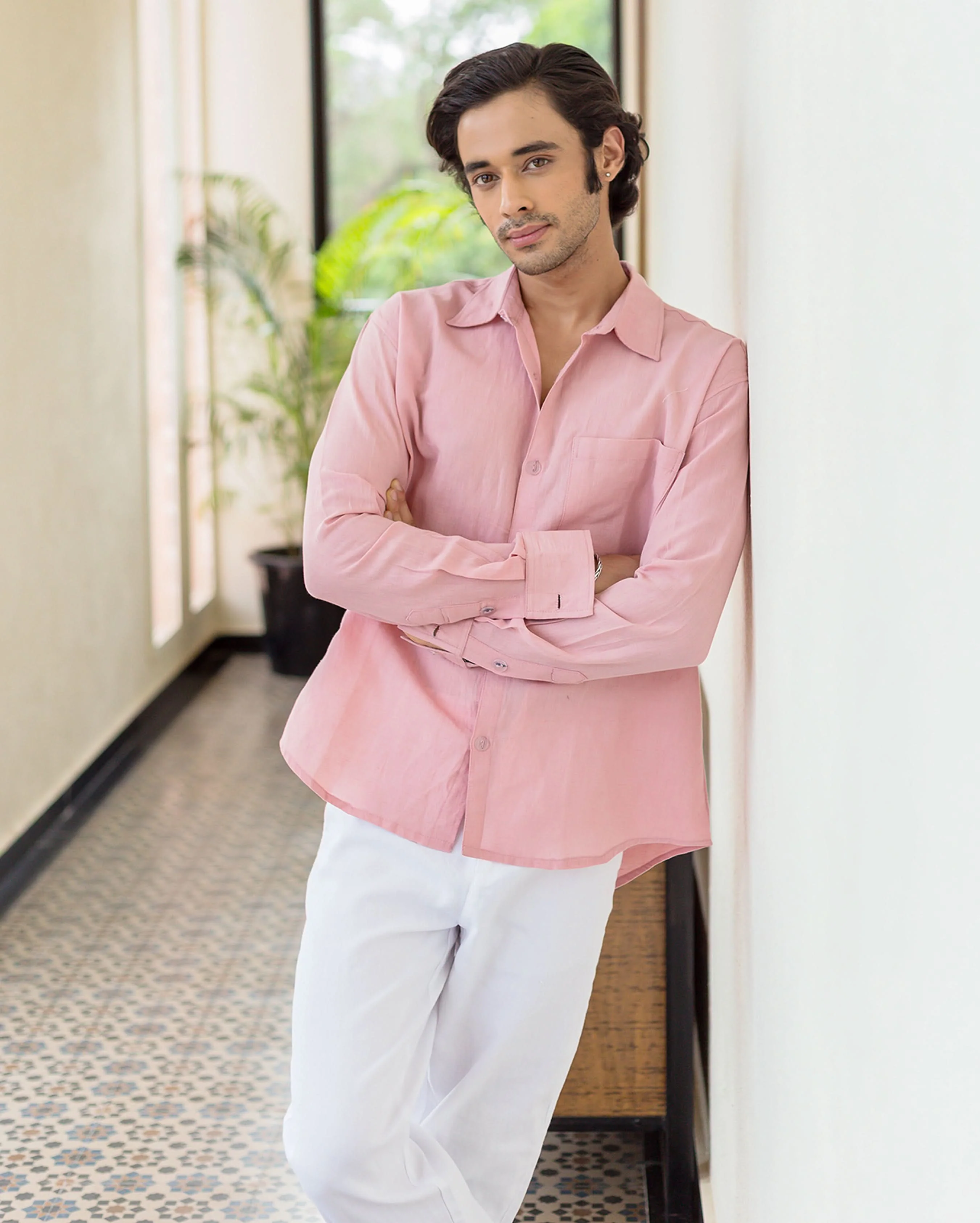 Theo Nude Pink Linen Solid Shirt - Image 5