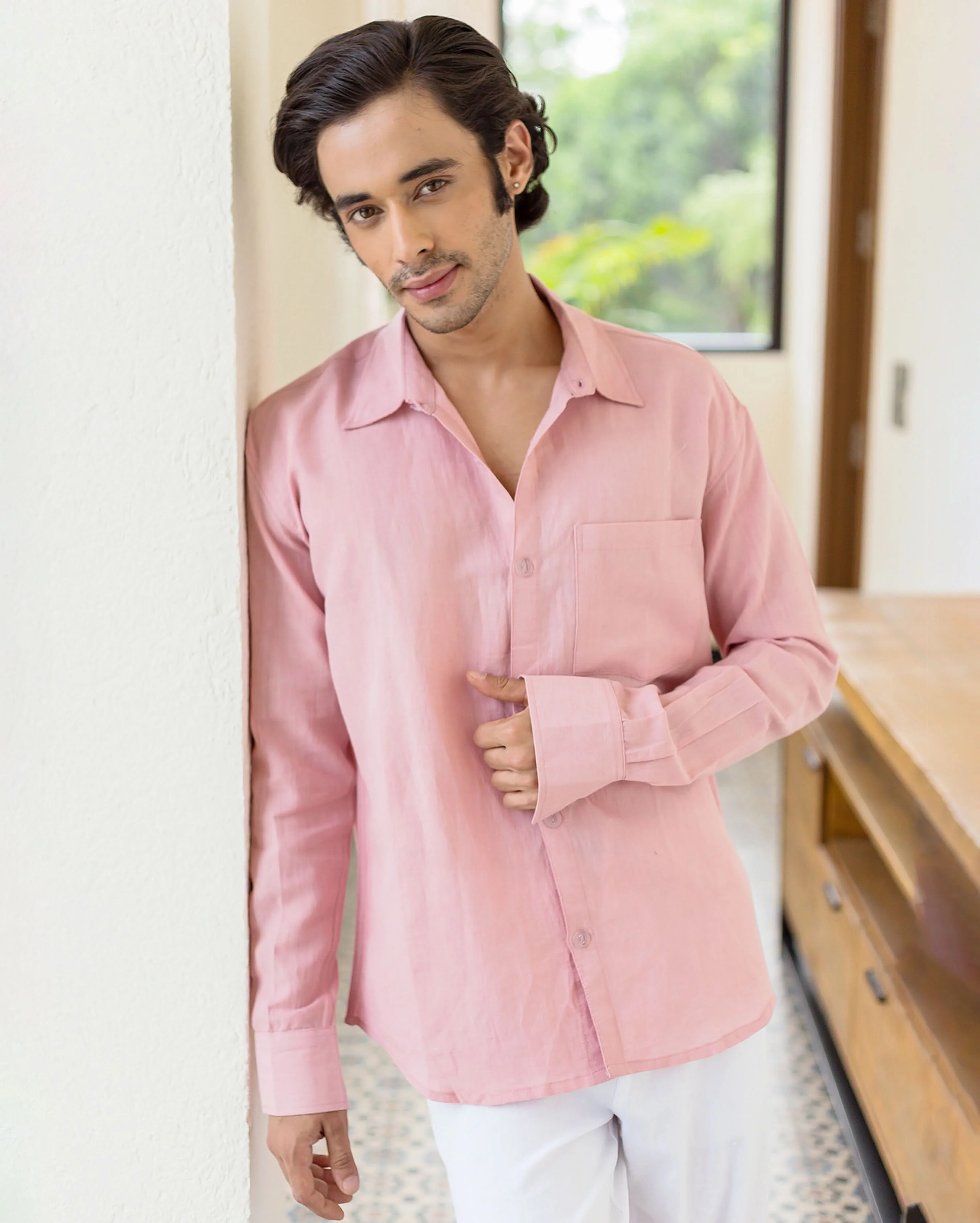 Theo Nude Pink Linen Solid Shirt - Image 6