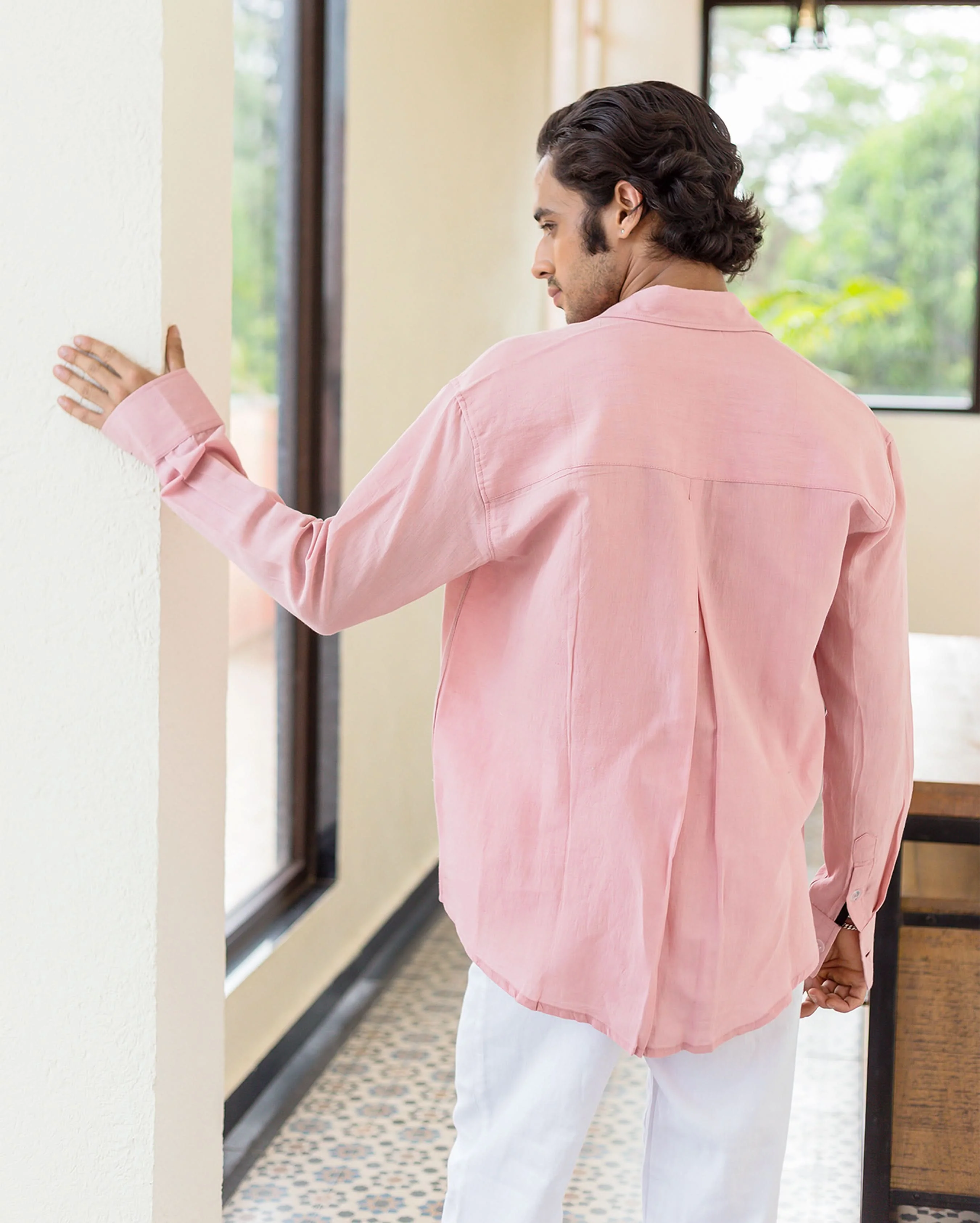 Theo Nude Pink Linen Solid Shirt - Image 7