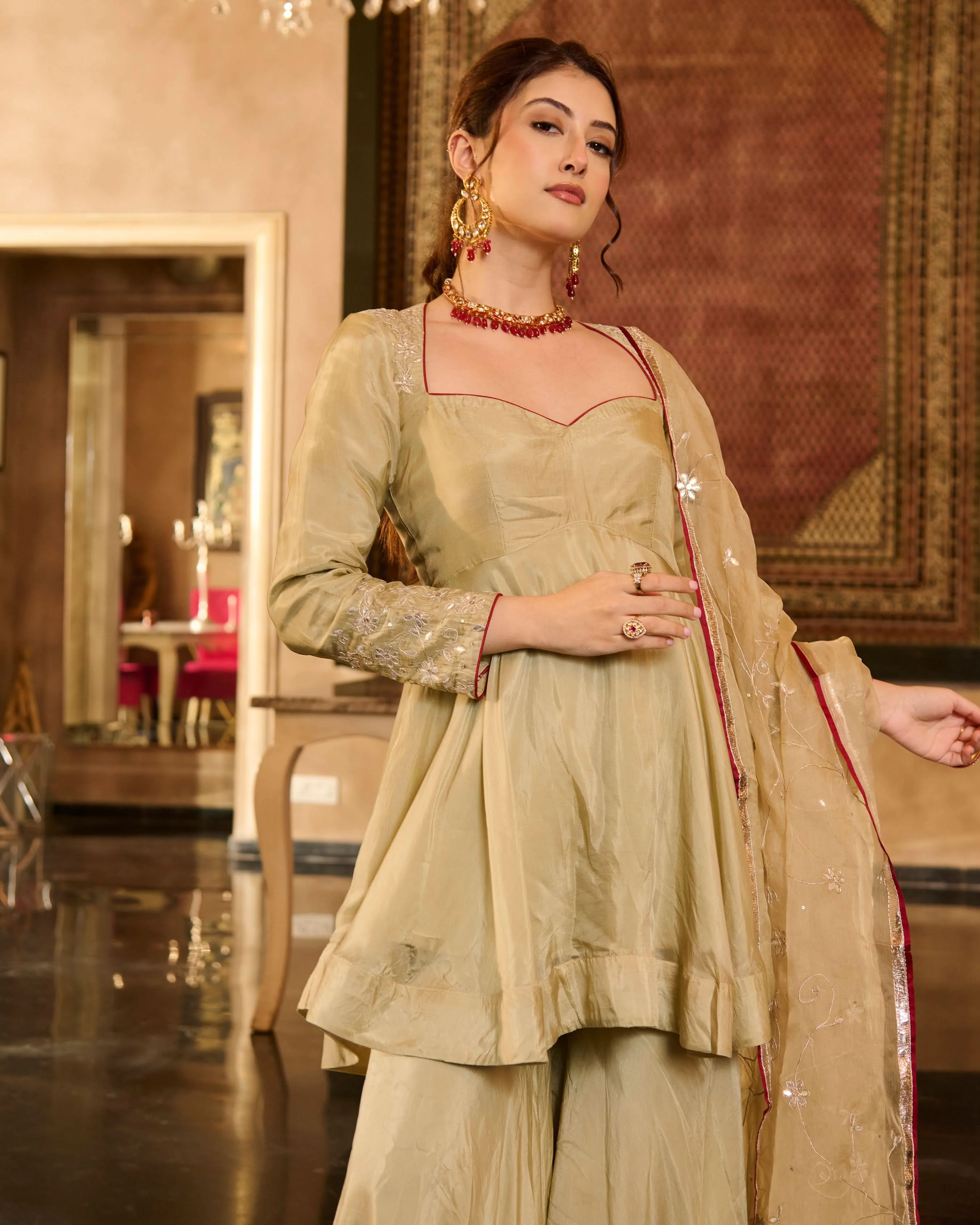 Tilki Olive Green Solid Silk Sharara Set - Image 7