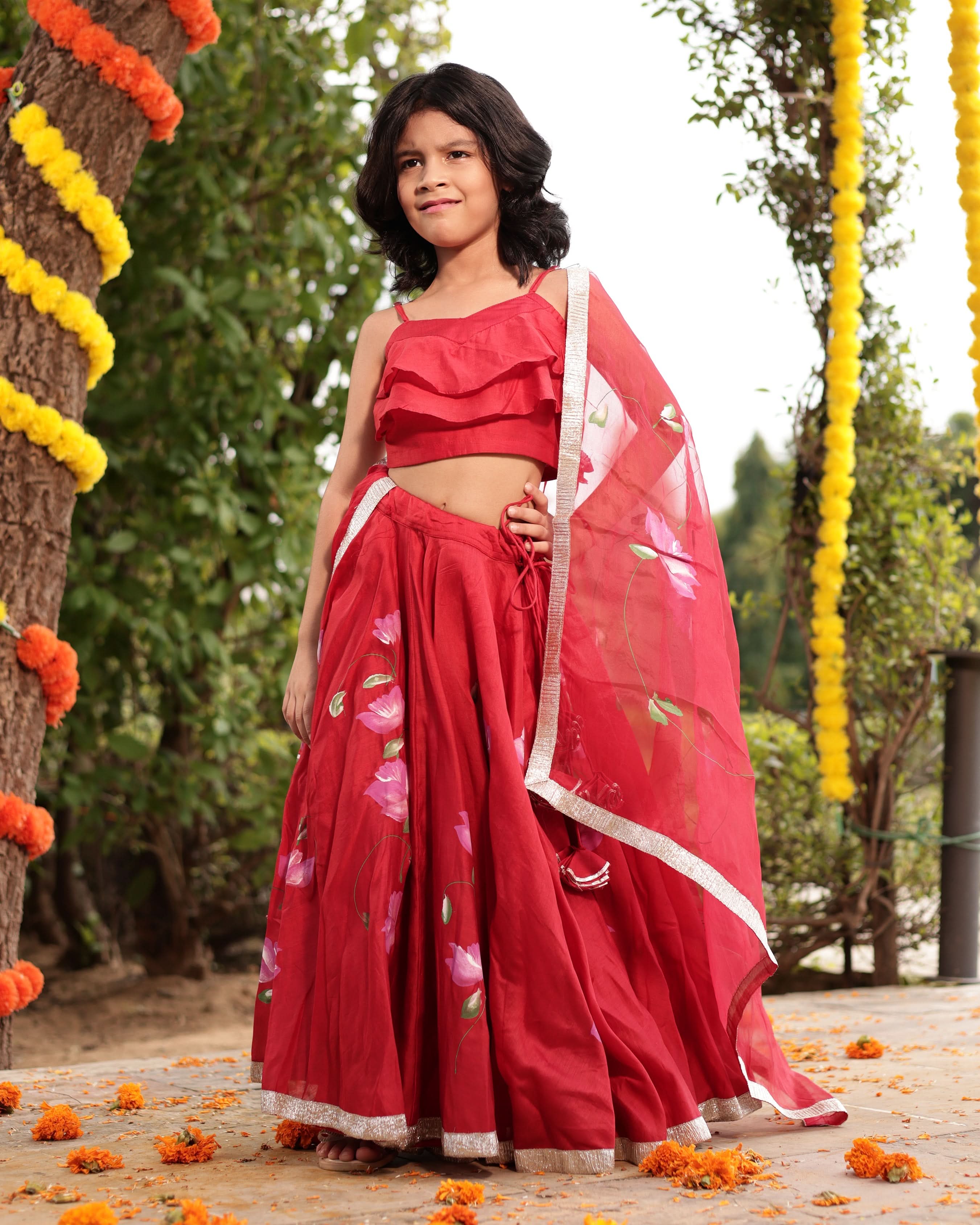 Tinsel Red Handpainted Chanderi Lehenga Set - Image 2