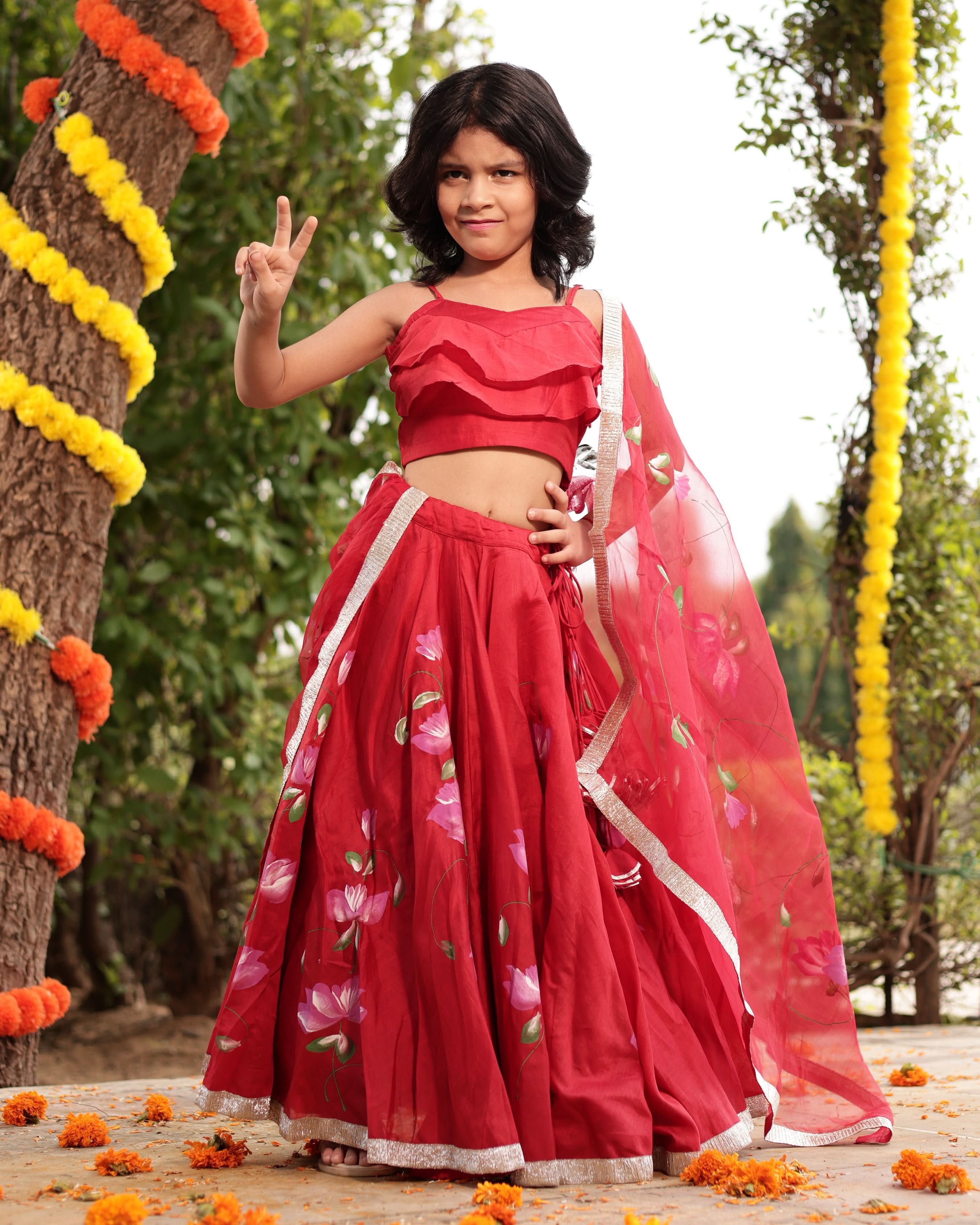 Tinsel Red Handpainted Chanderi Lehenga Set - Image 3