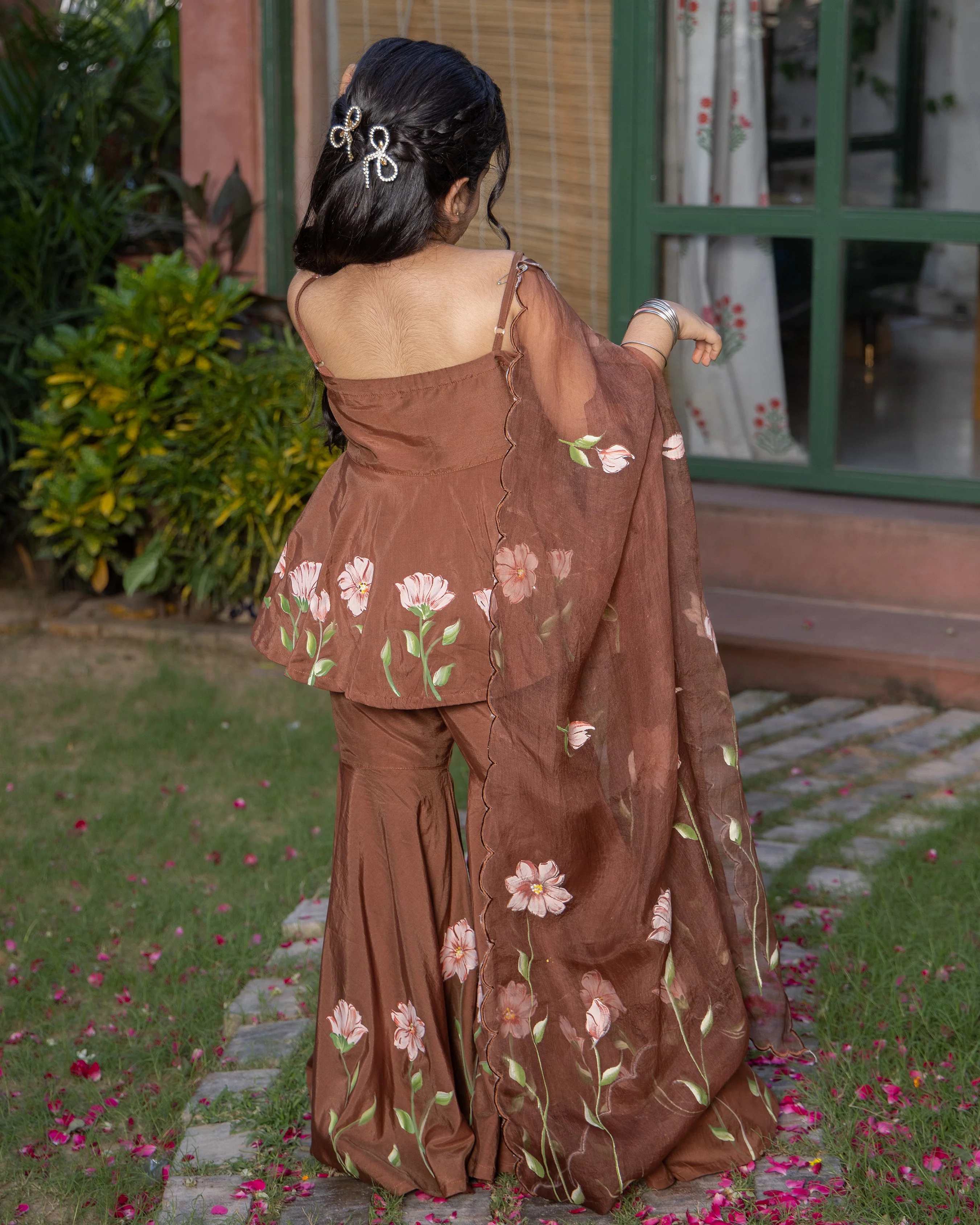 Toffee Brown Handpainted Muslin Sharara Set - Image 7