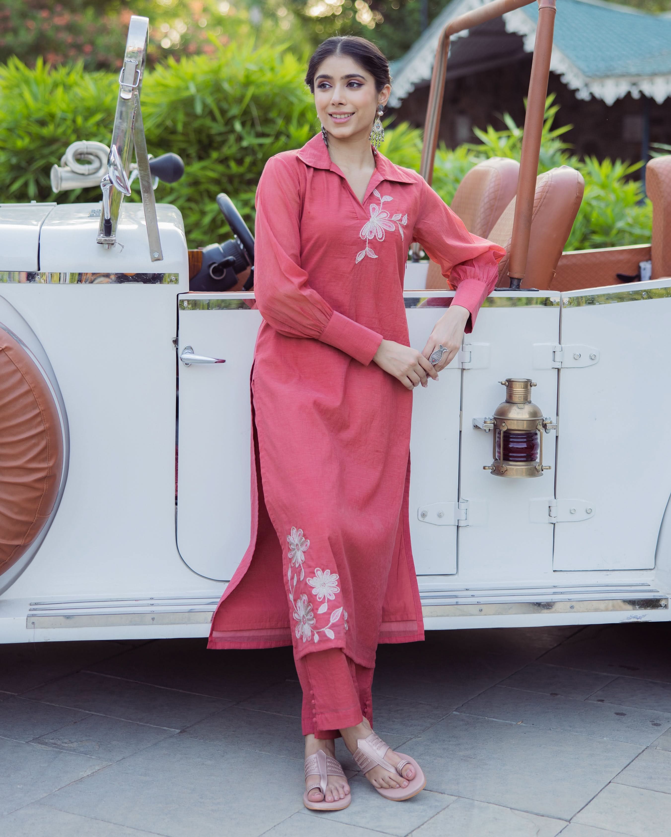 Tool Red Embroidered Chanderi Kurta Set - Image 2