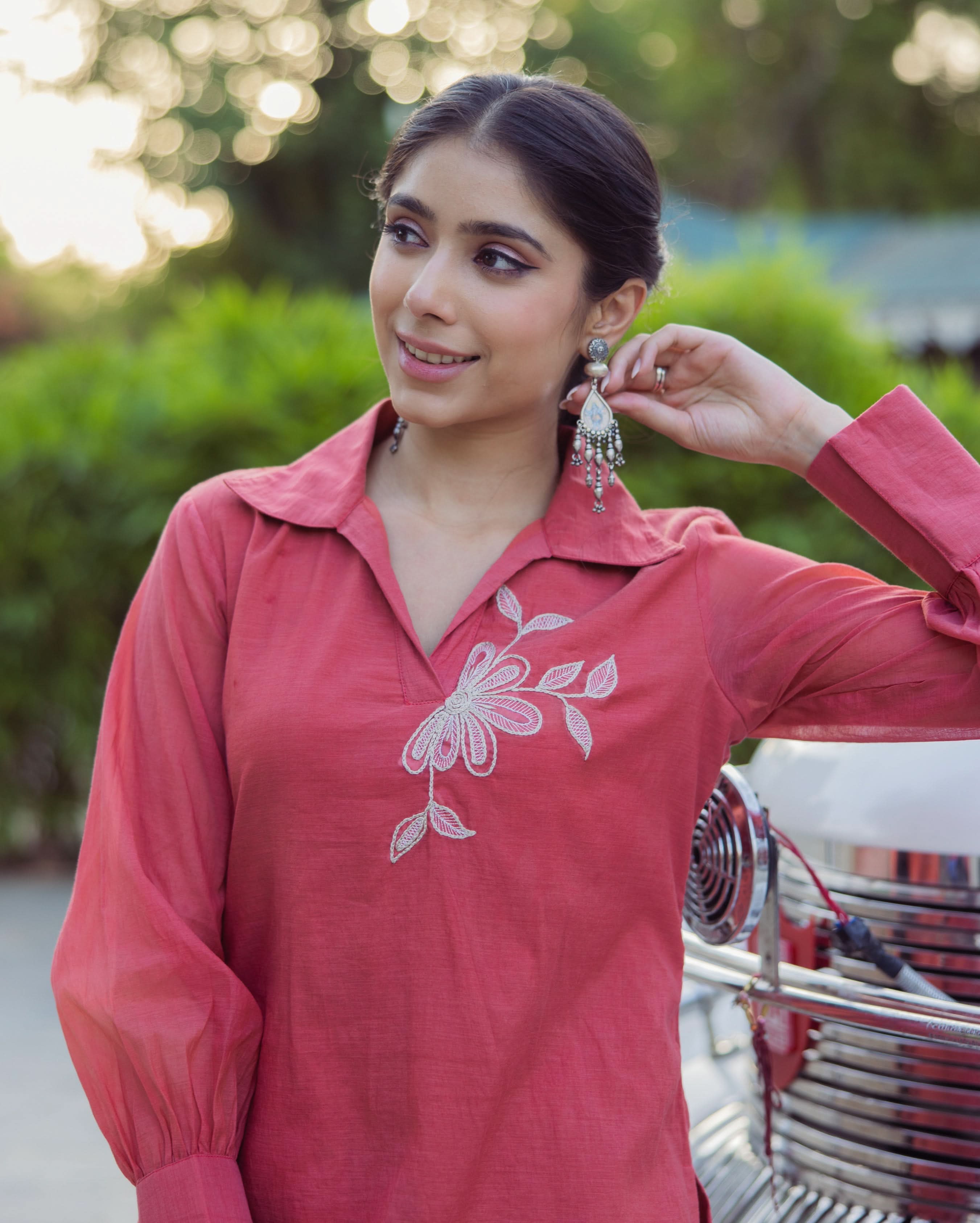 Tool Red Embroidered Chanderi Kurta Set - Image 5