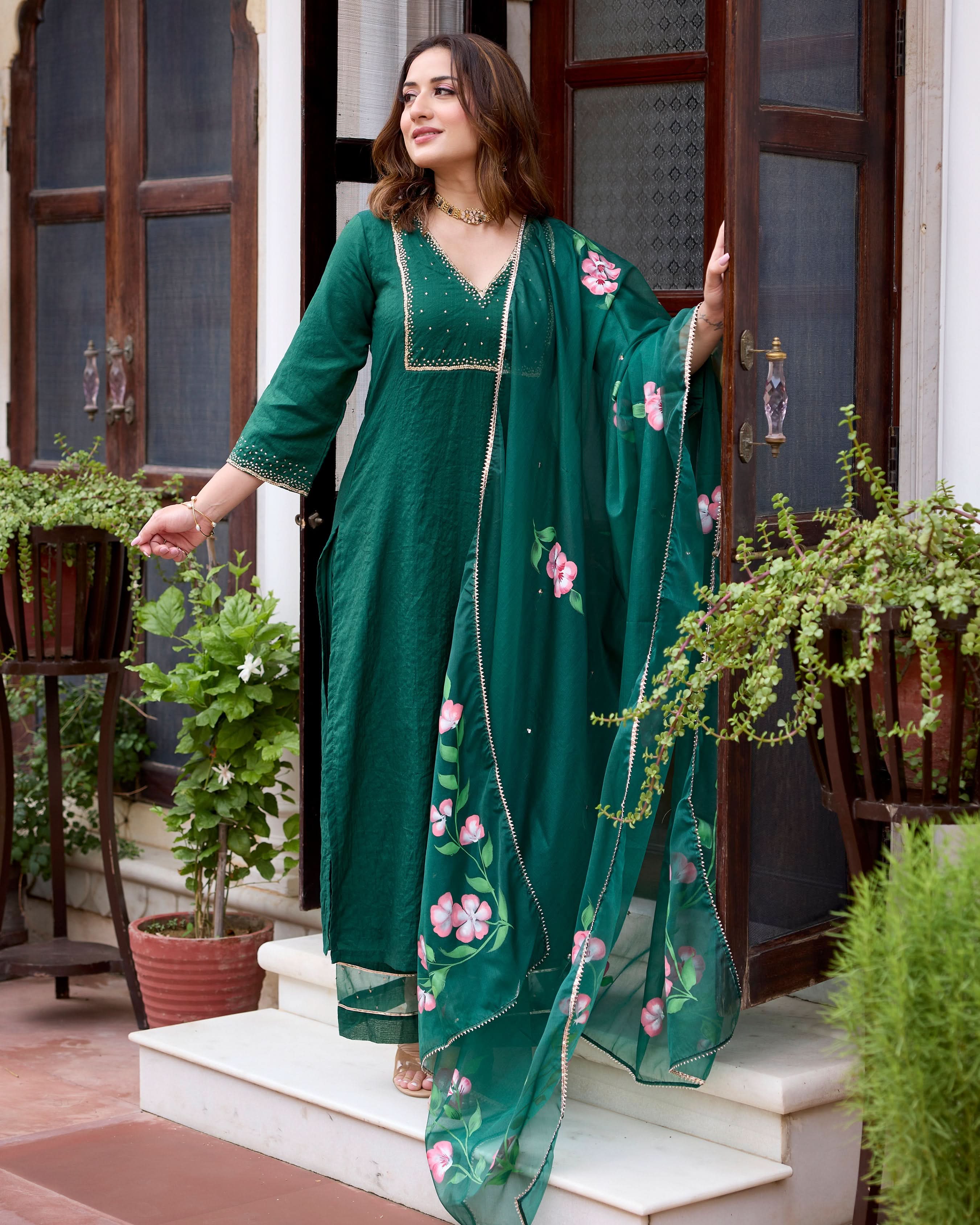 Tulsi Bottle Green Handpainted Chanderi Suit Set - Image 2