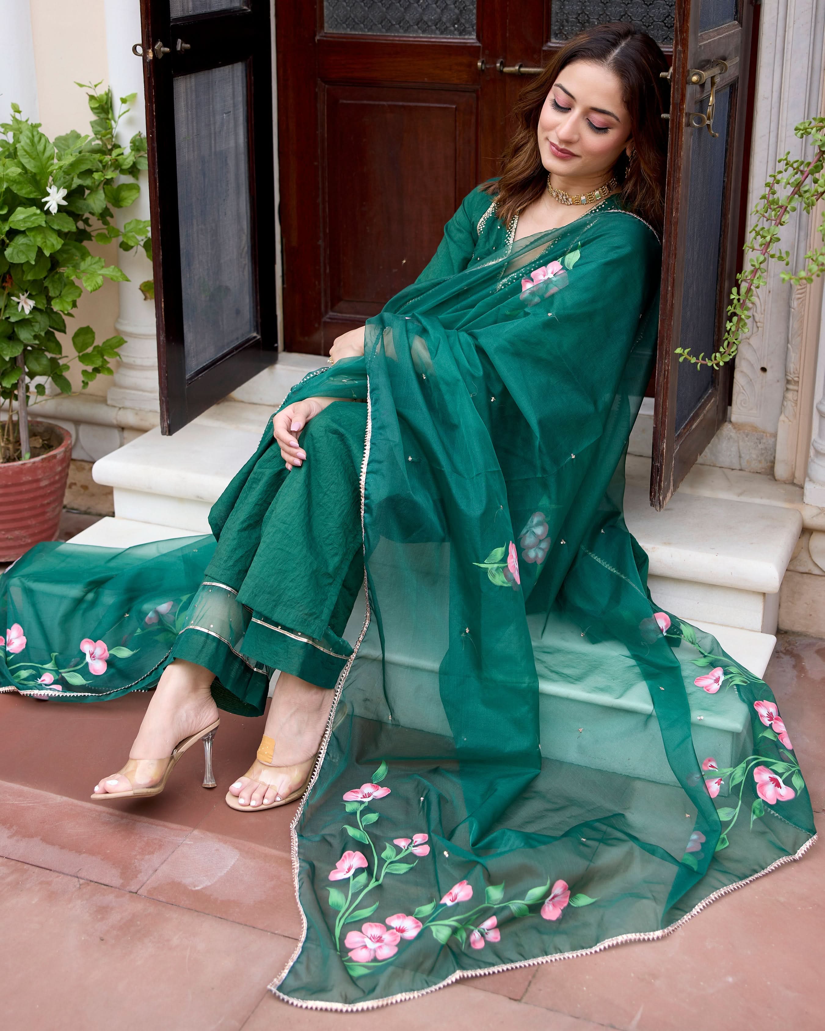 Tulsi Bottle Green Handpainted Chanderi Suit Set - Image 5