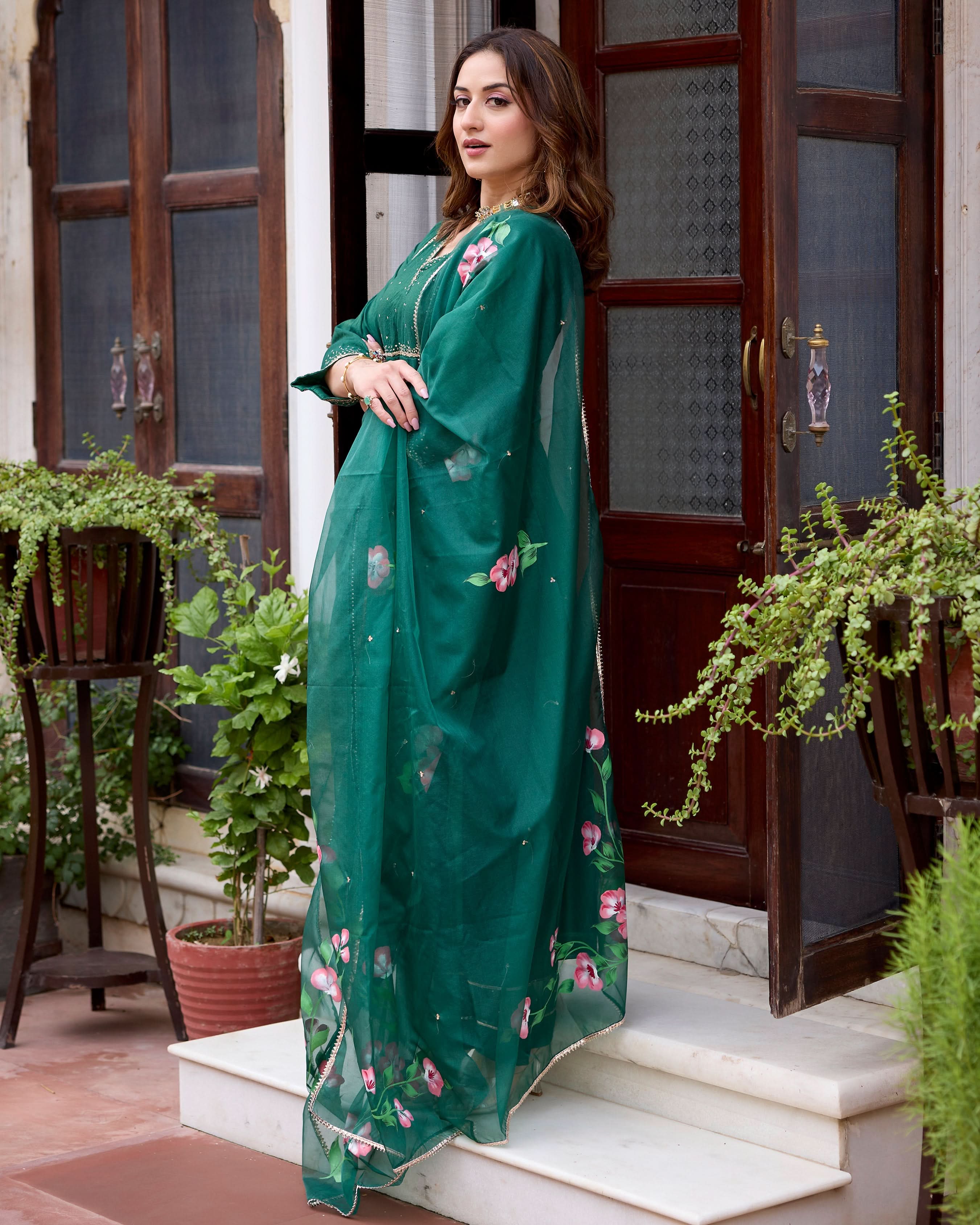Tulsi Bottle Green Handpainted Chanderi Suit Set - Image 7