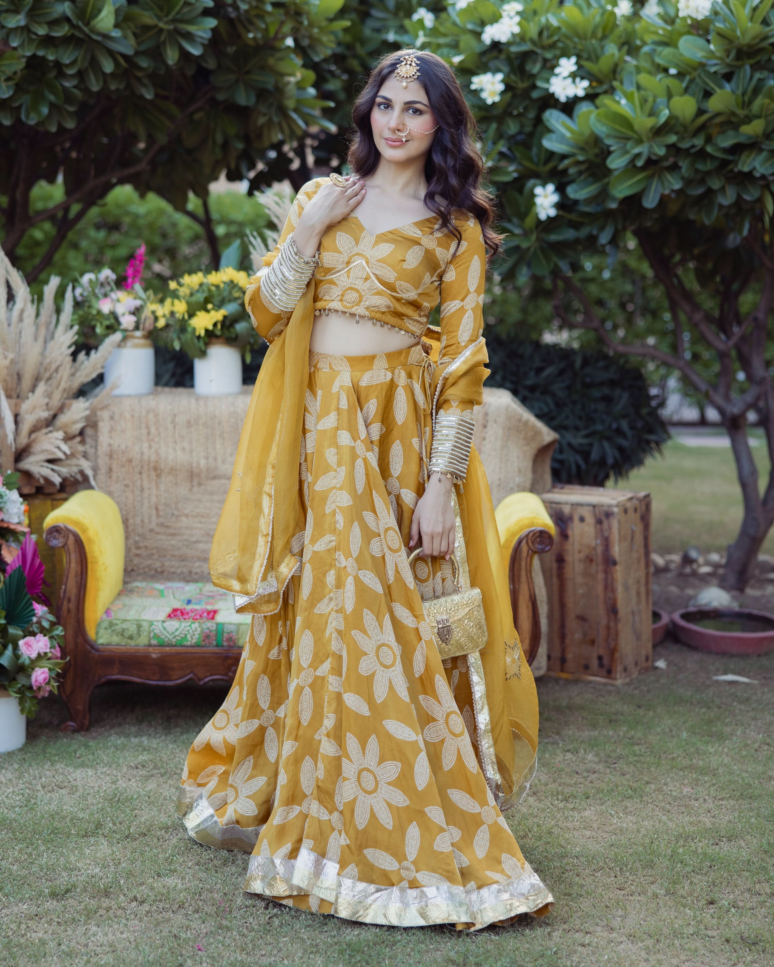 Tulsi Mustard Bandhani Satin Lehenga Set - Image 3