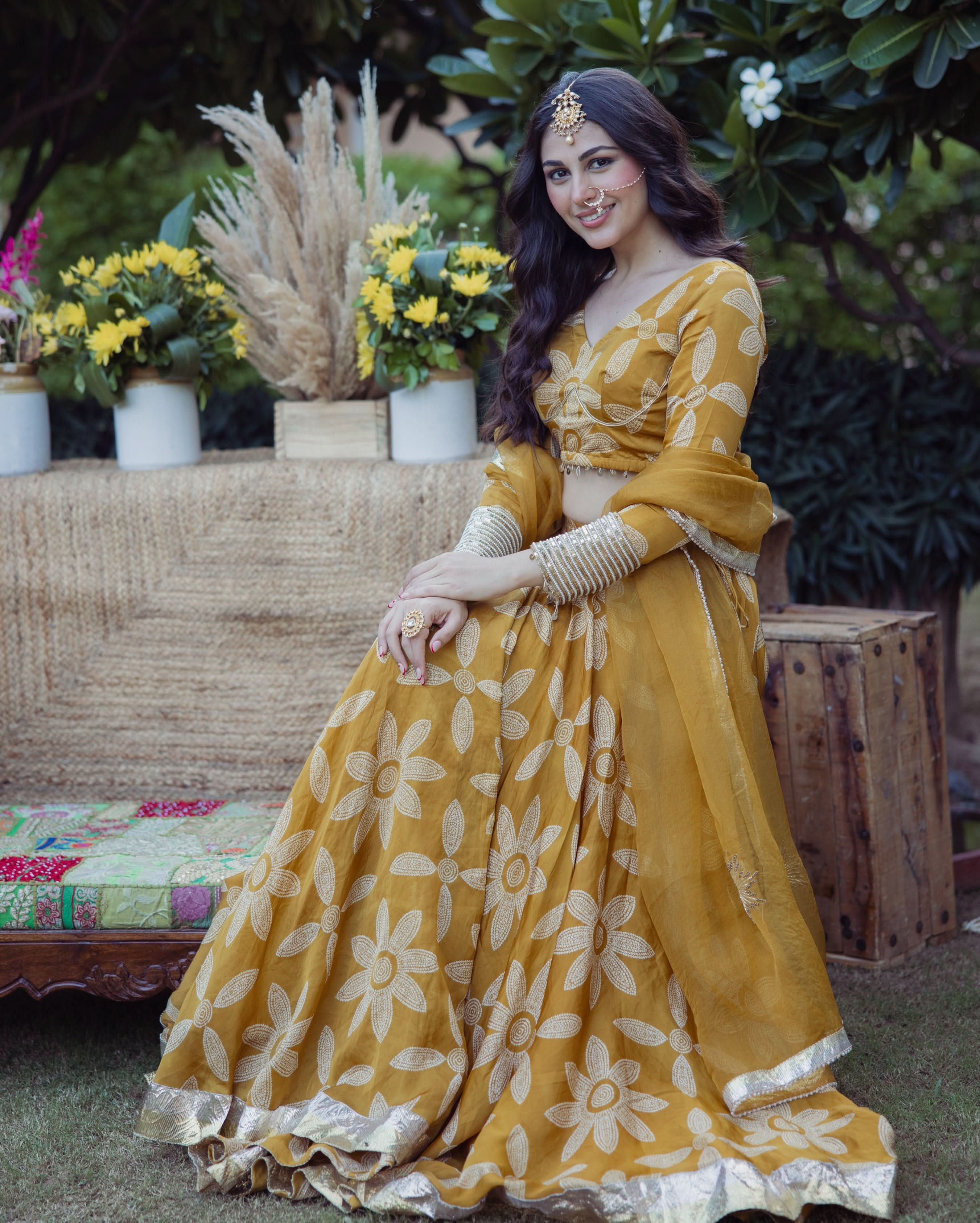 Tulsi Mustard Bandhani Satin Lehenga Set - Image 4