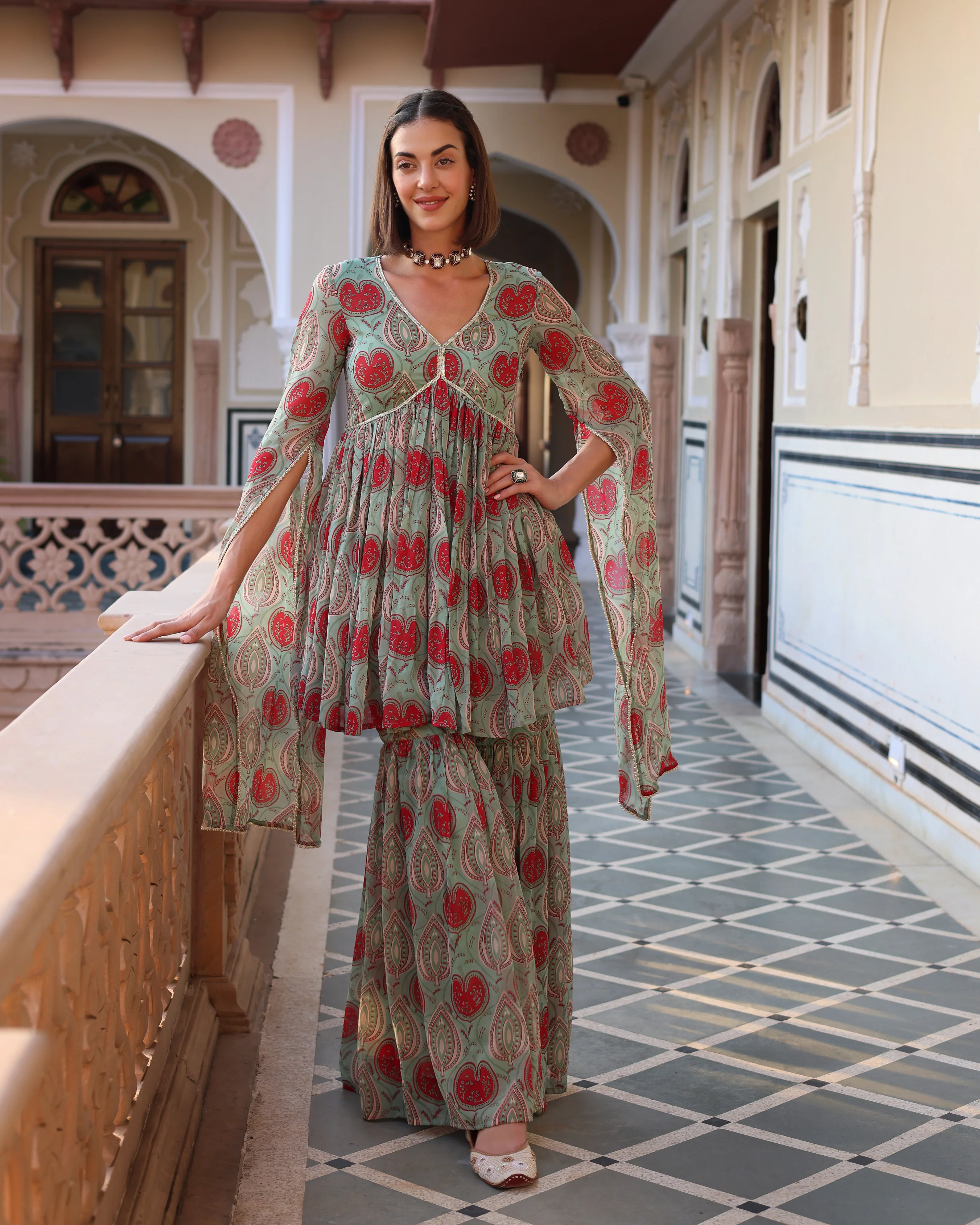 Turquoise Green Blush Printed Chinon Sharara Set - Image 3