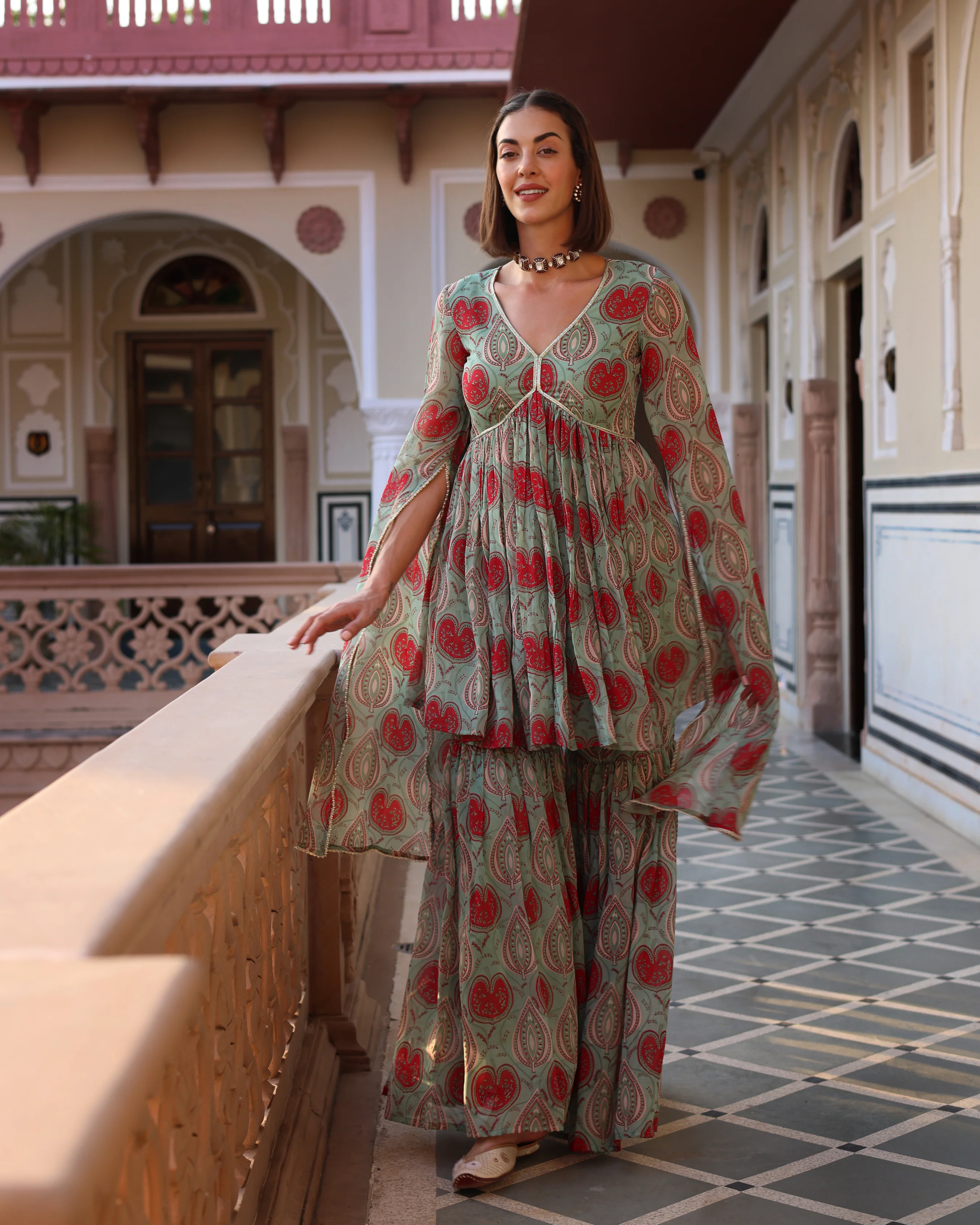 Turquoise Green Blush Printed Chinon Sharara Set - Image 6