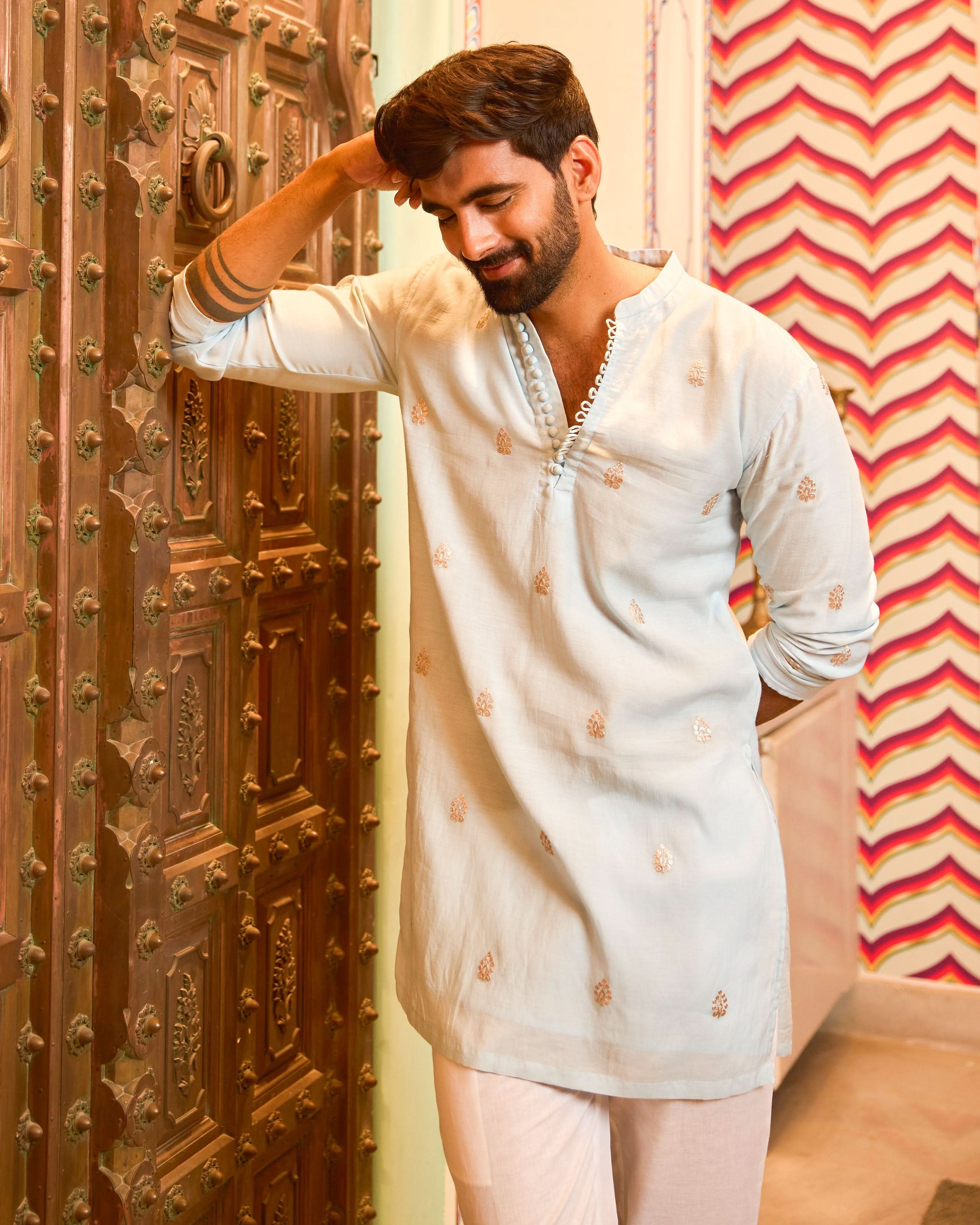 Udayan Blue Embroidered Chanderi Kurta - Image 2