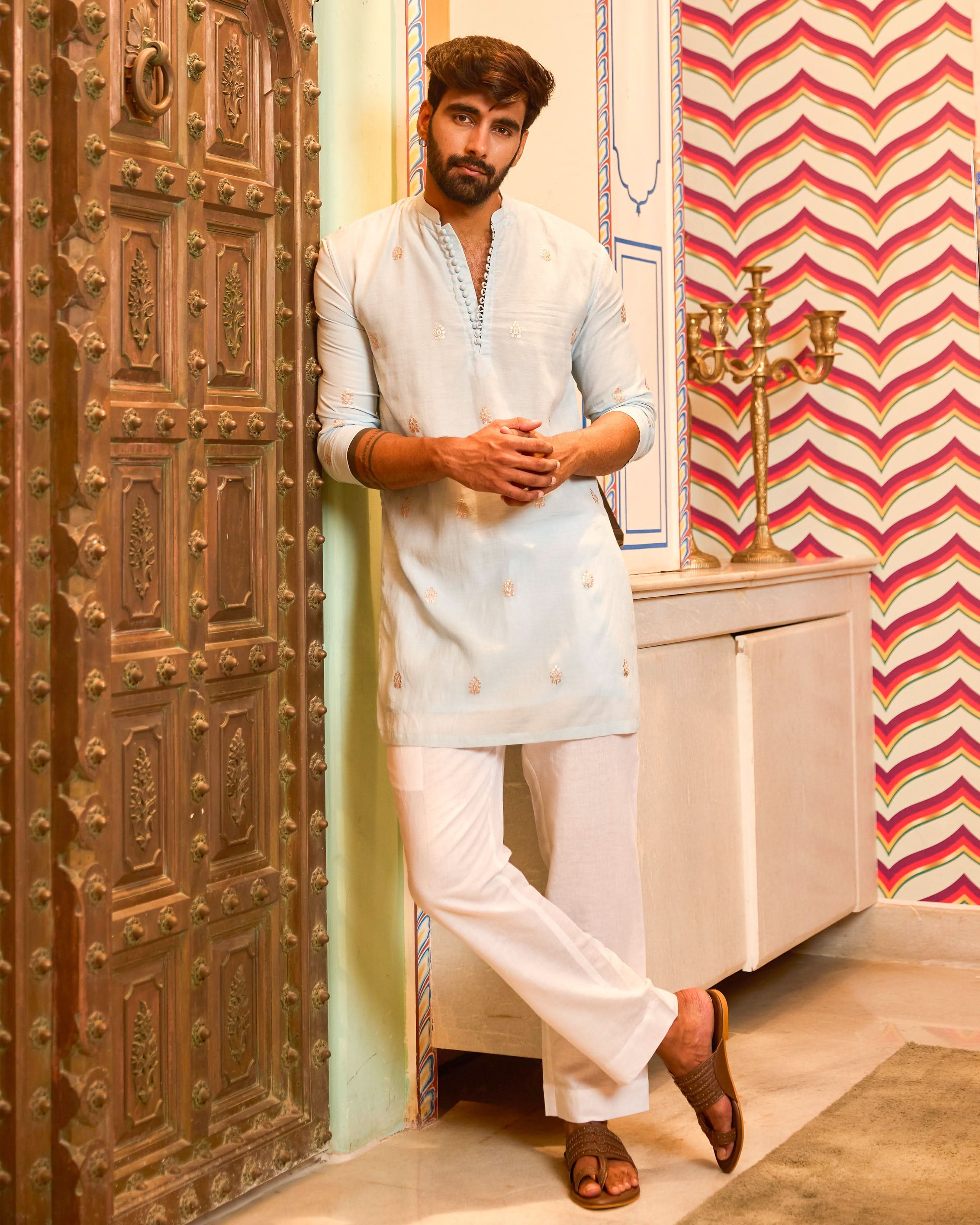 Udayan Blue Embroidered Chanderi Kurta - Image 4