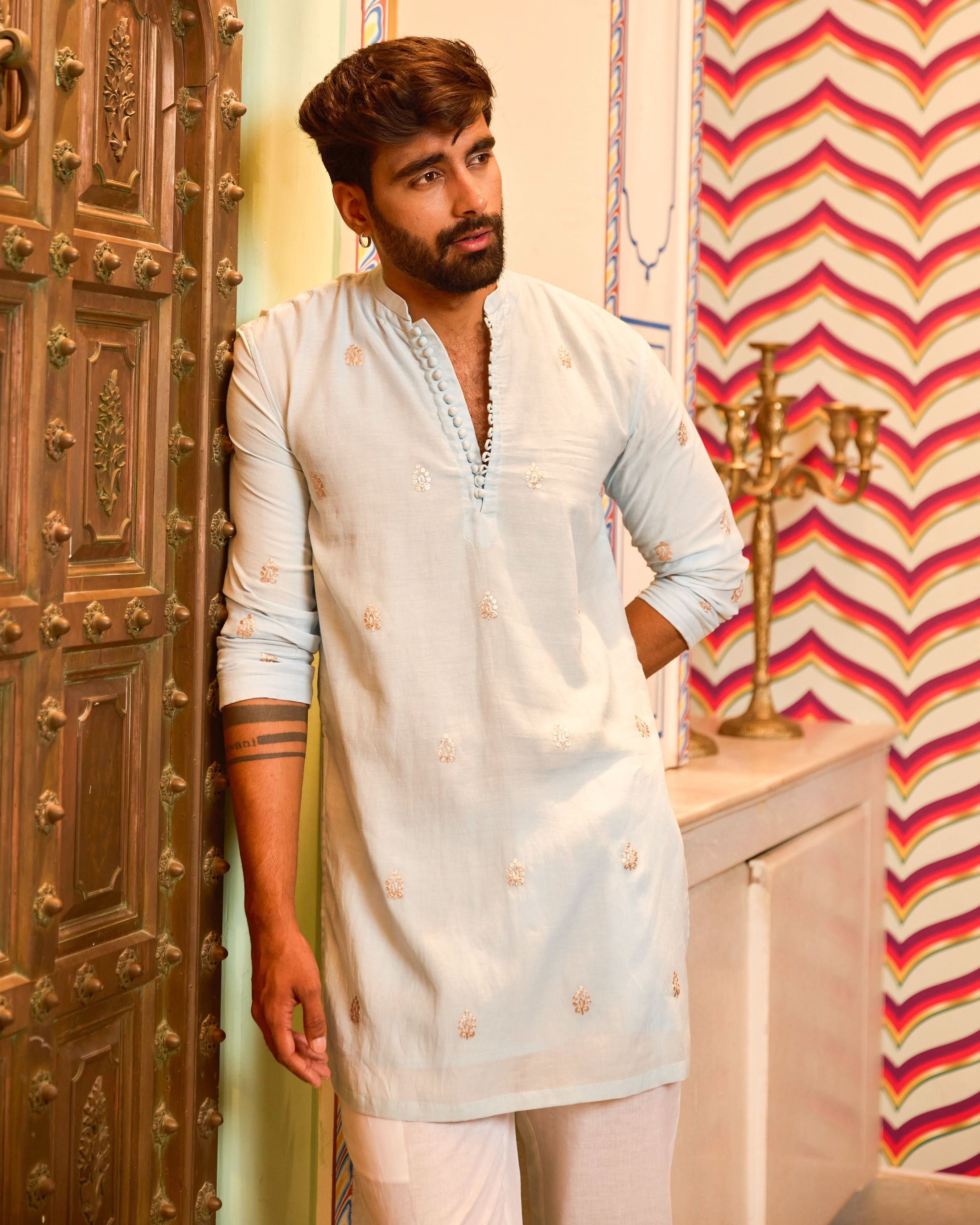 Udayan Blue Embroidered Chanderi Kurta - Image 5