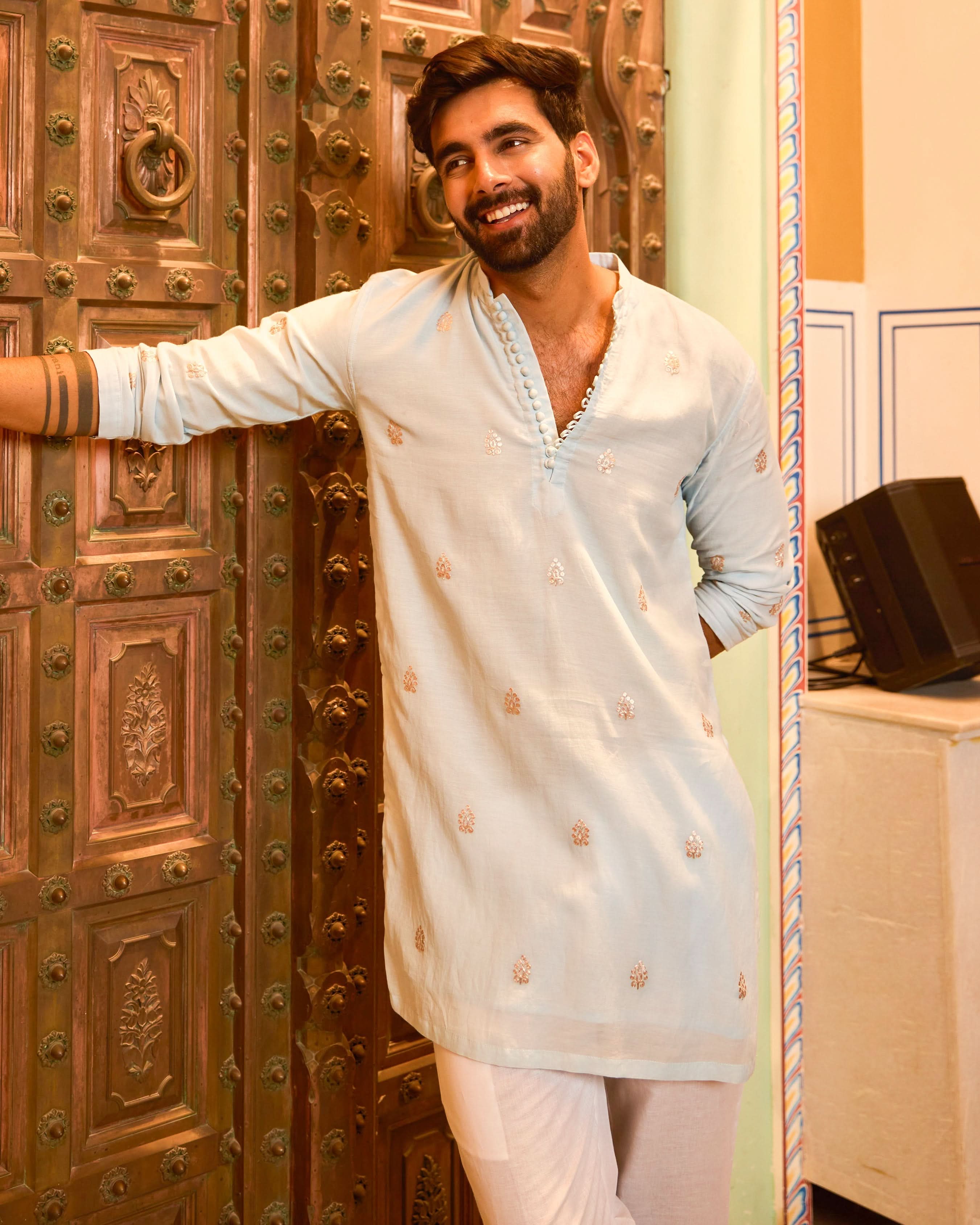 Udayan Blue Embroidered Chanderi Kurta - Image 6