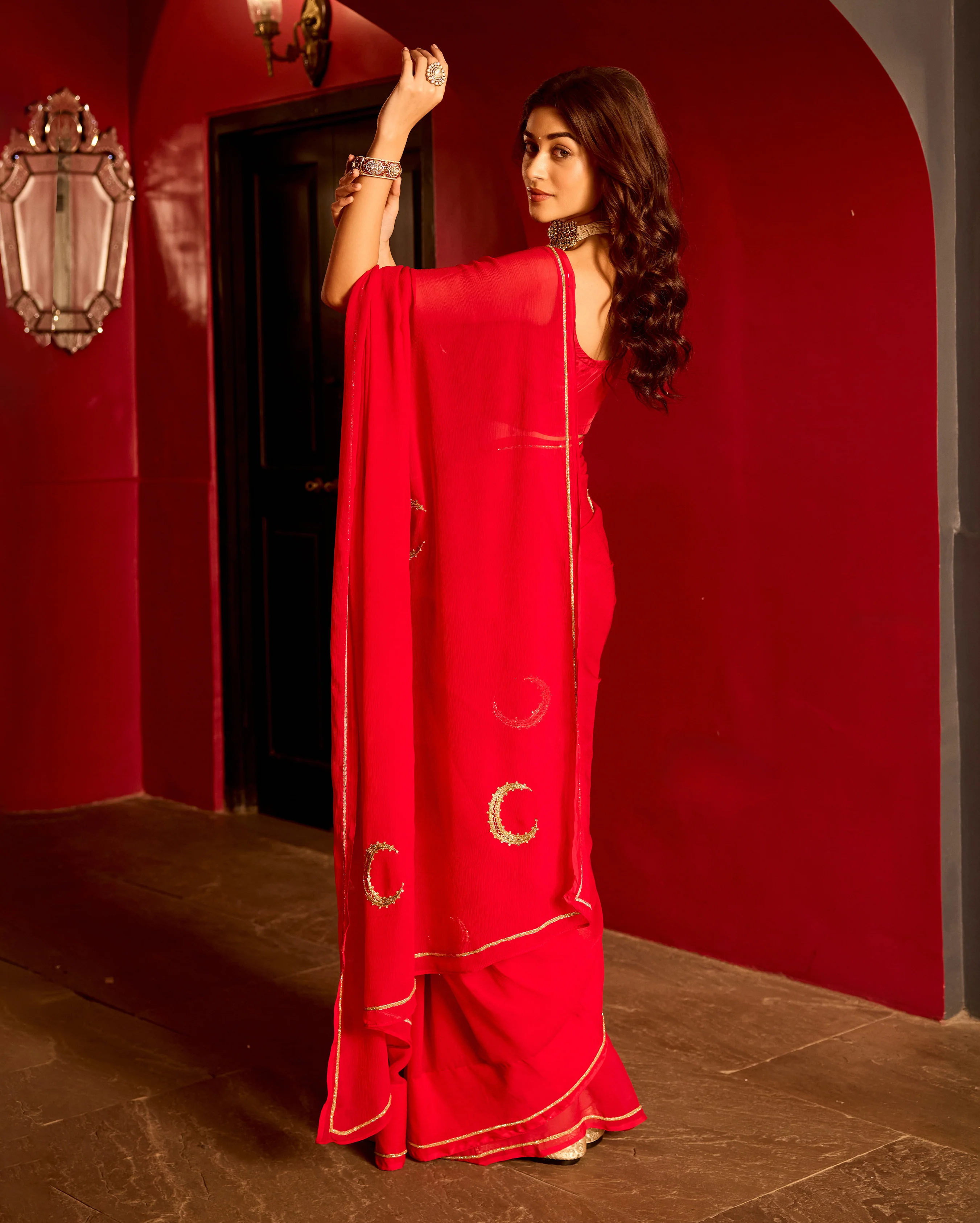 Utsaha Red Handcrafted Chiffon Saree - Image 5