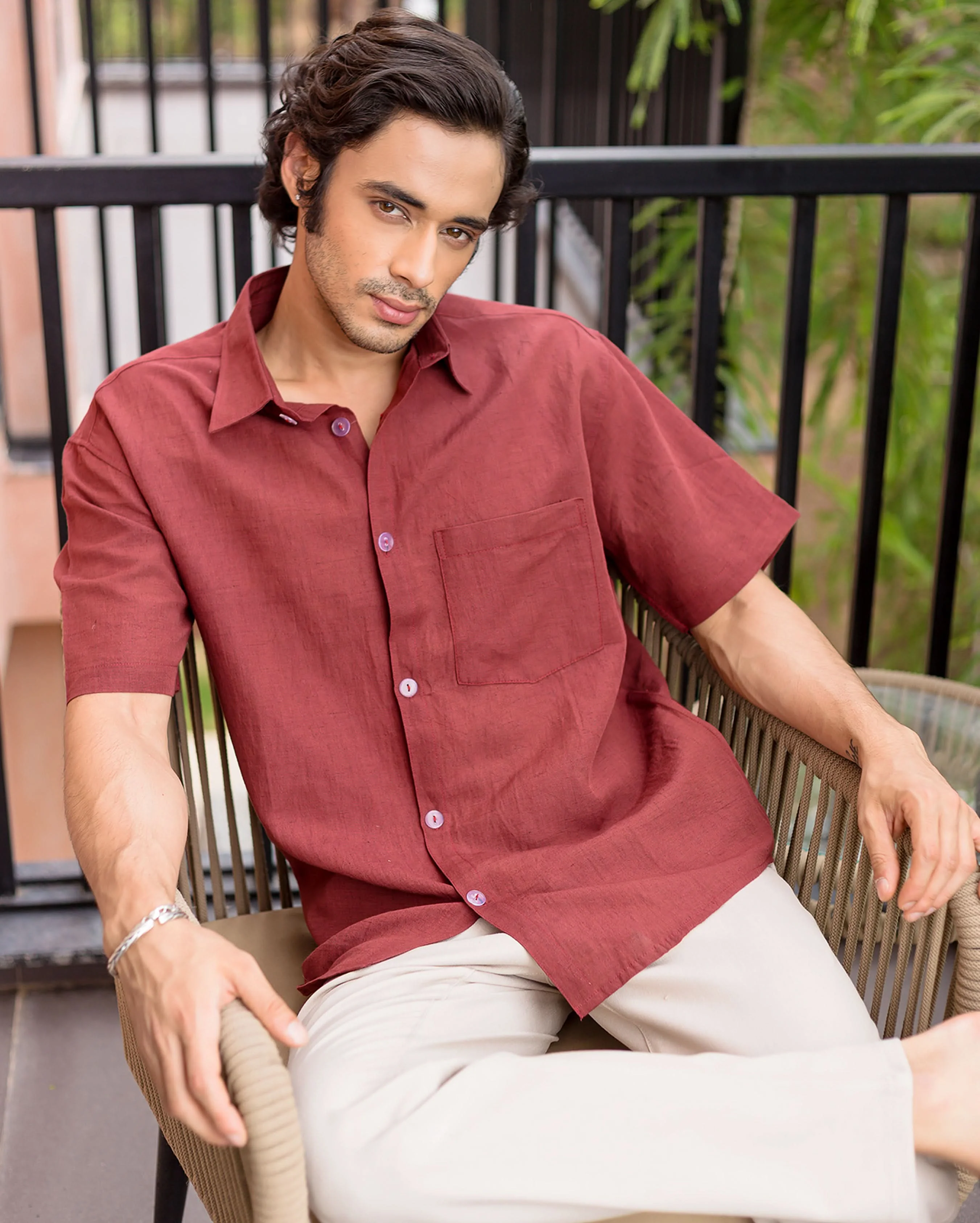 Vale Rust Red Linen Solid Shirt - Image 4