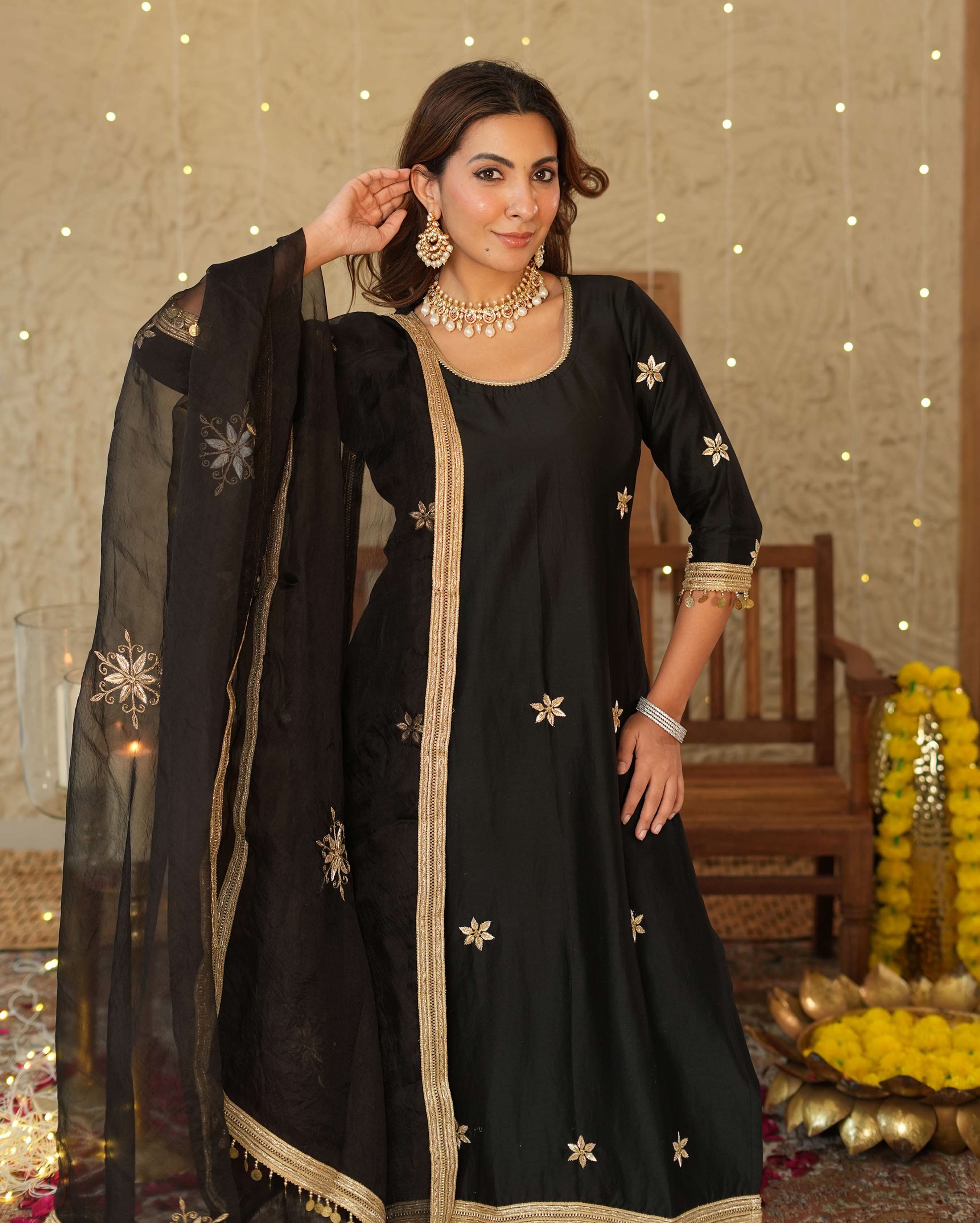 Vandana Black Embroidered Chanderi Suit Set - Image 4