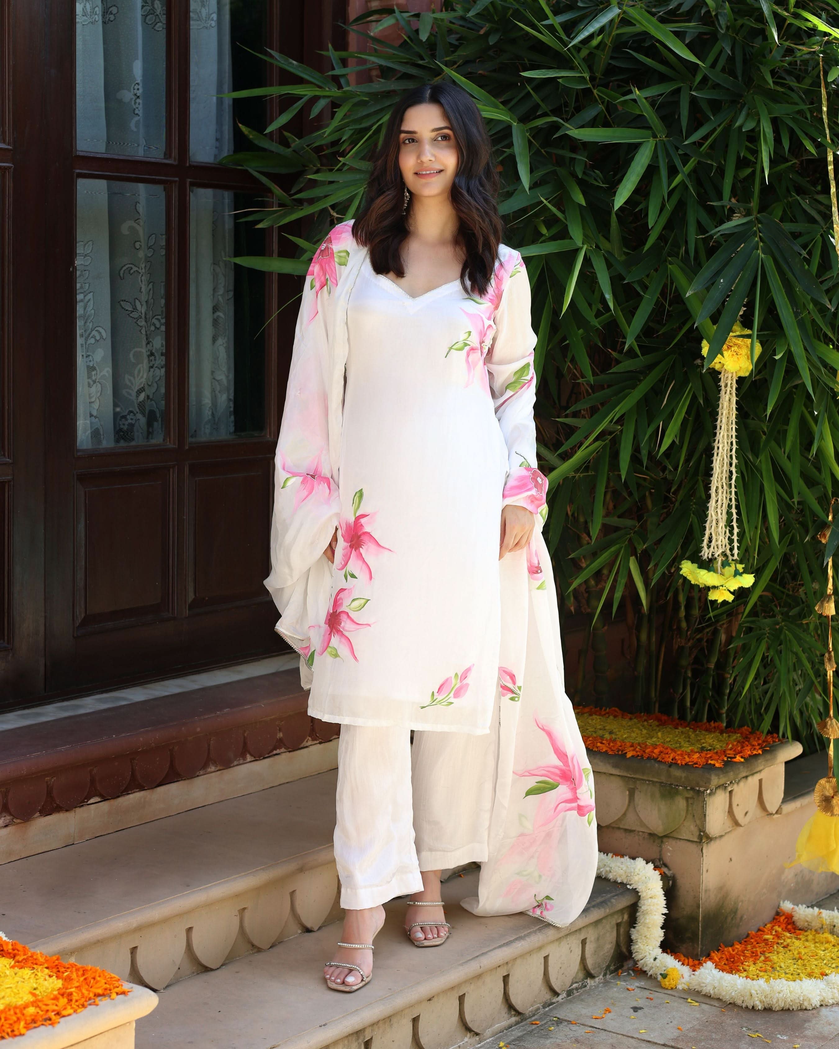 Vanilla Mist Handpainted Silk Suit Set - Image 5