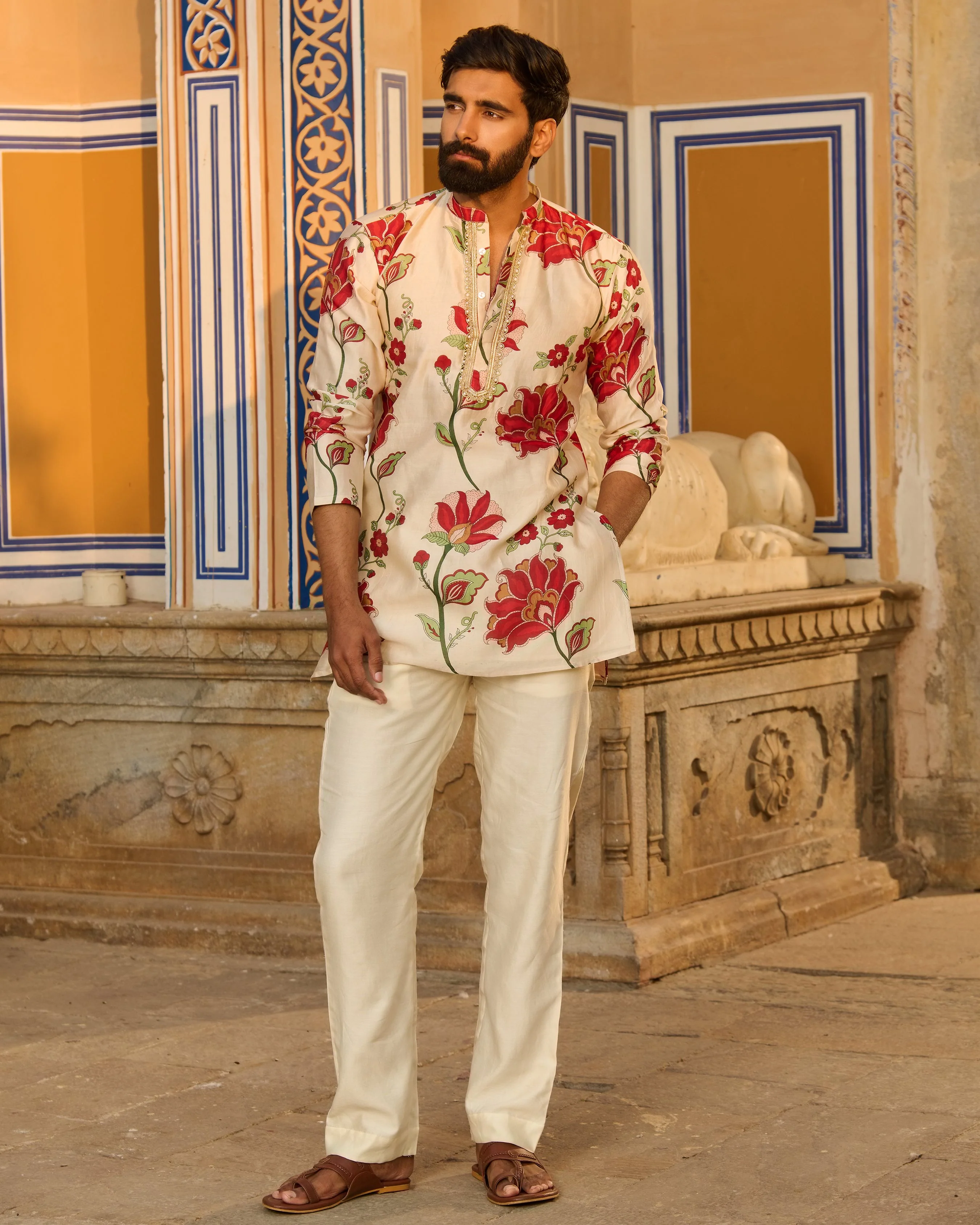 Veer Ivory Printed Chanderi Kurta - Image 3