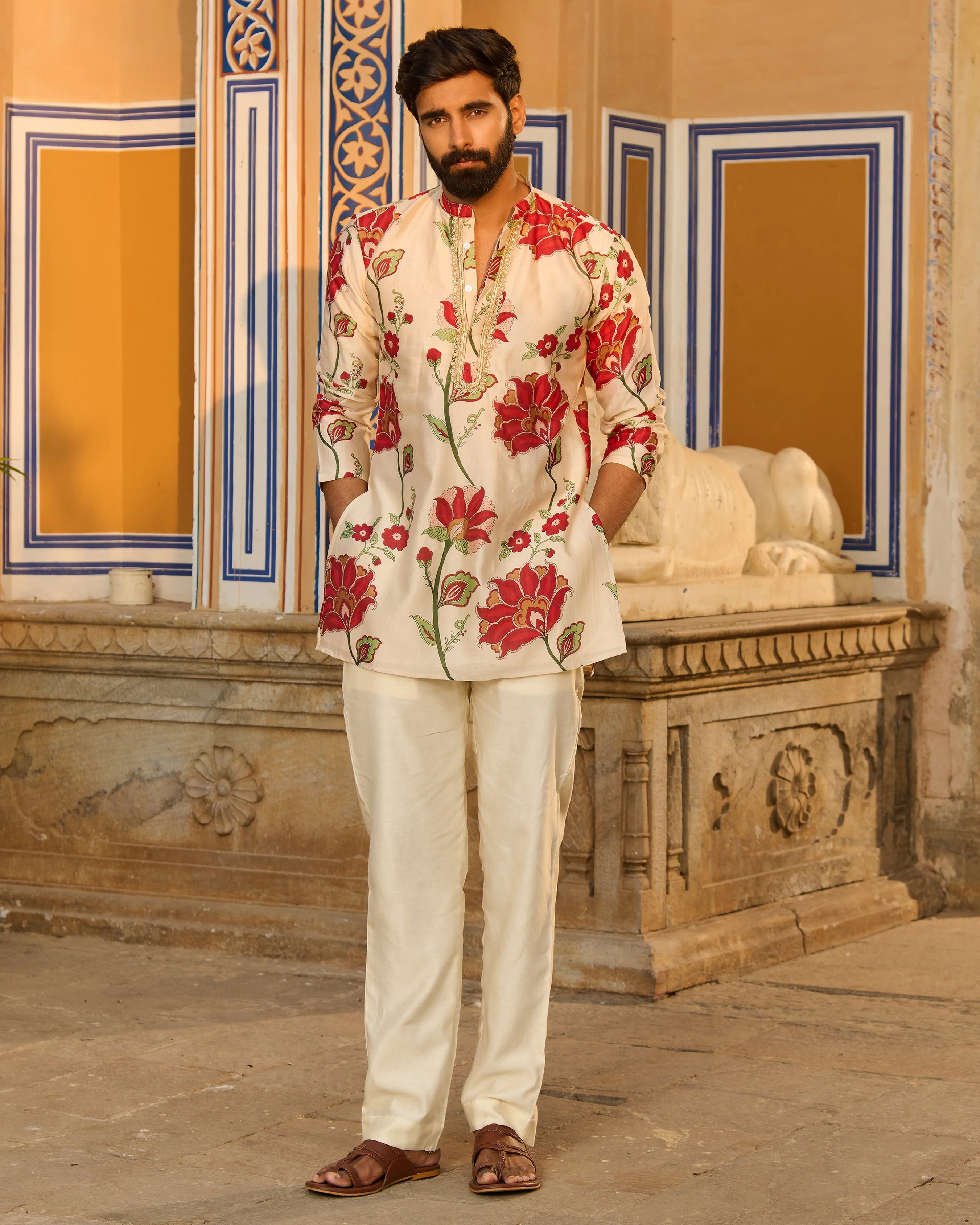 Veer Ivory Printed Chanderi Kurta - Image 4