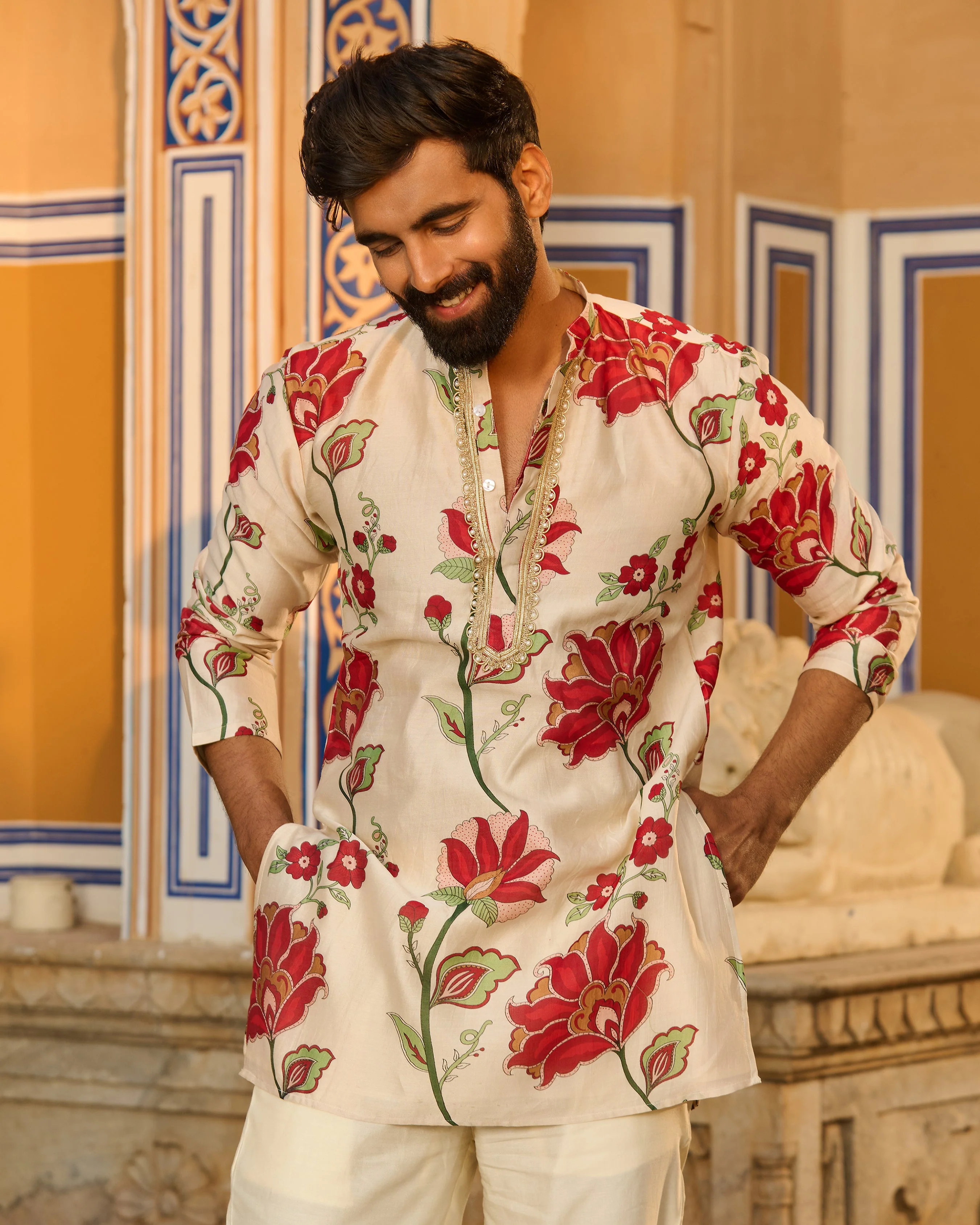 Veer Ivory Printed Chanderi Kurta - Image 6