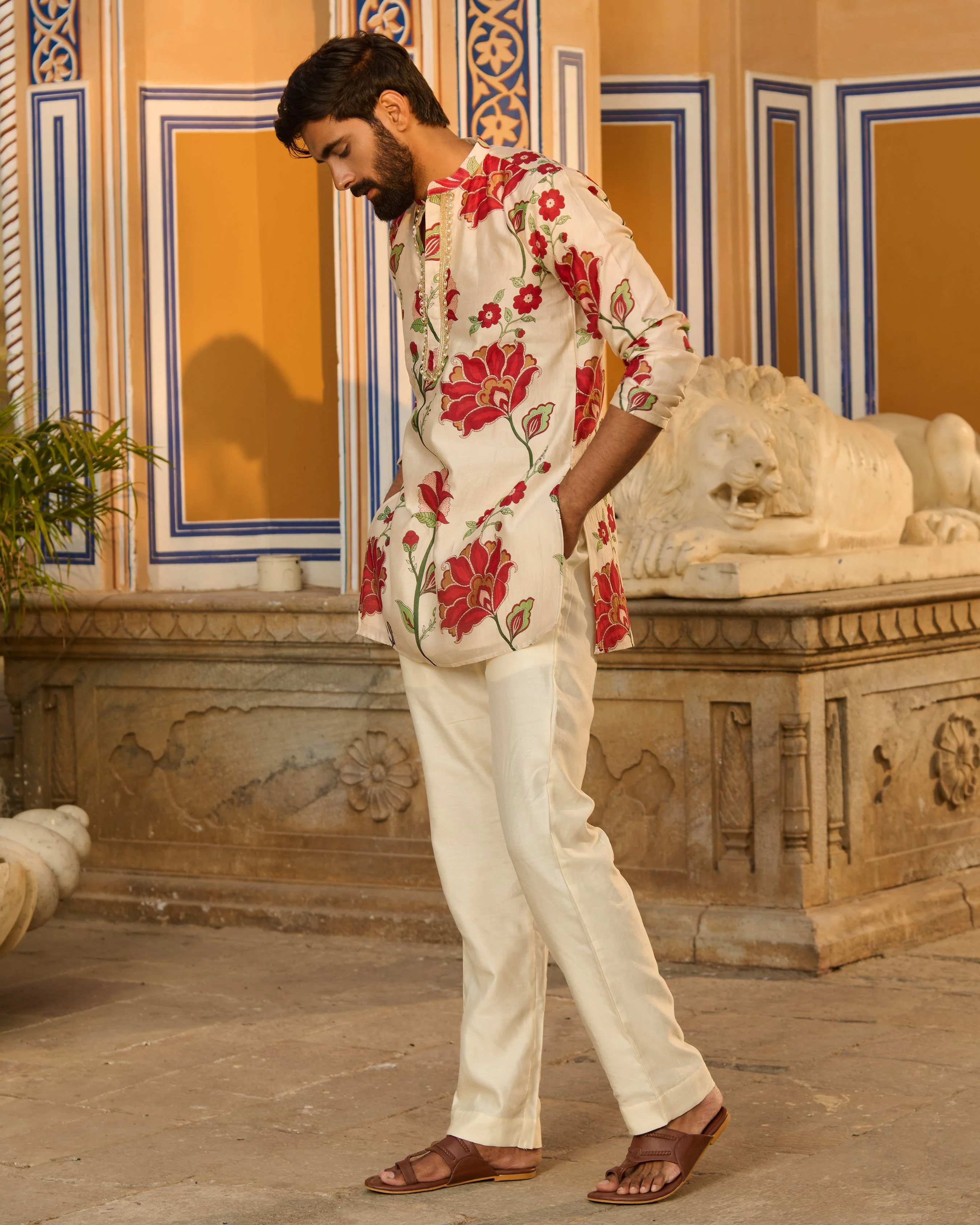 Veer Ivory Printed Chanderi Kurta - Image 7