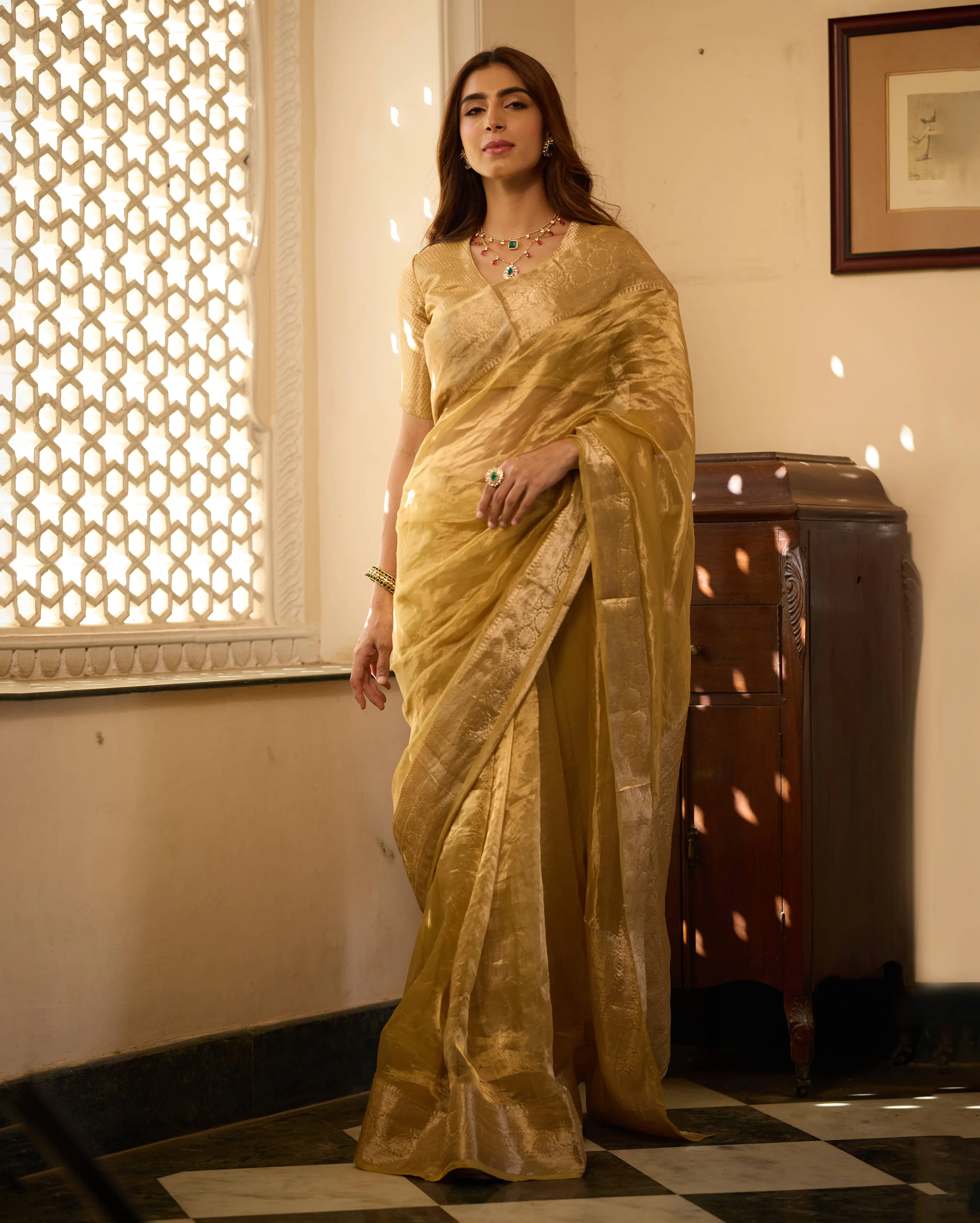Vibha Golden Solid Pure Tissue Saree - Image 2