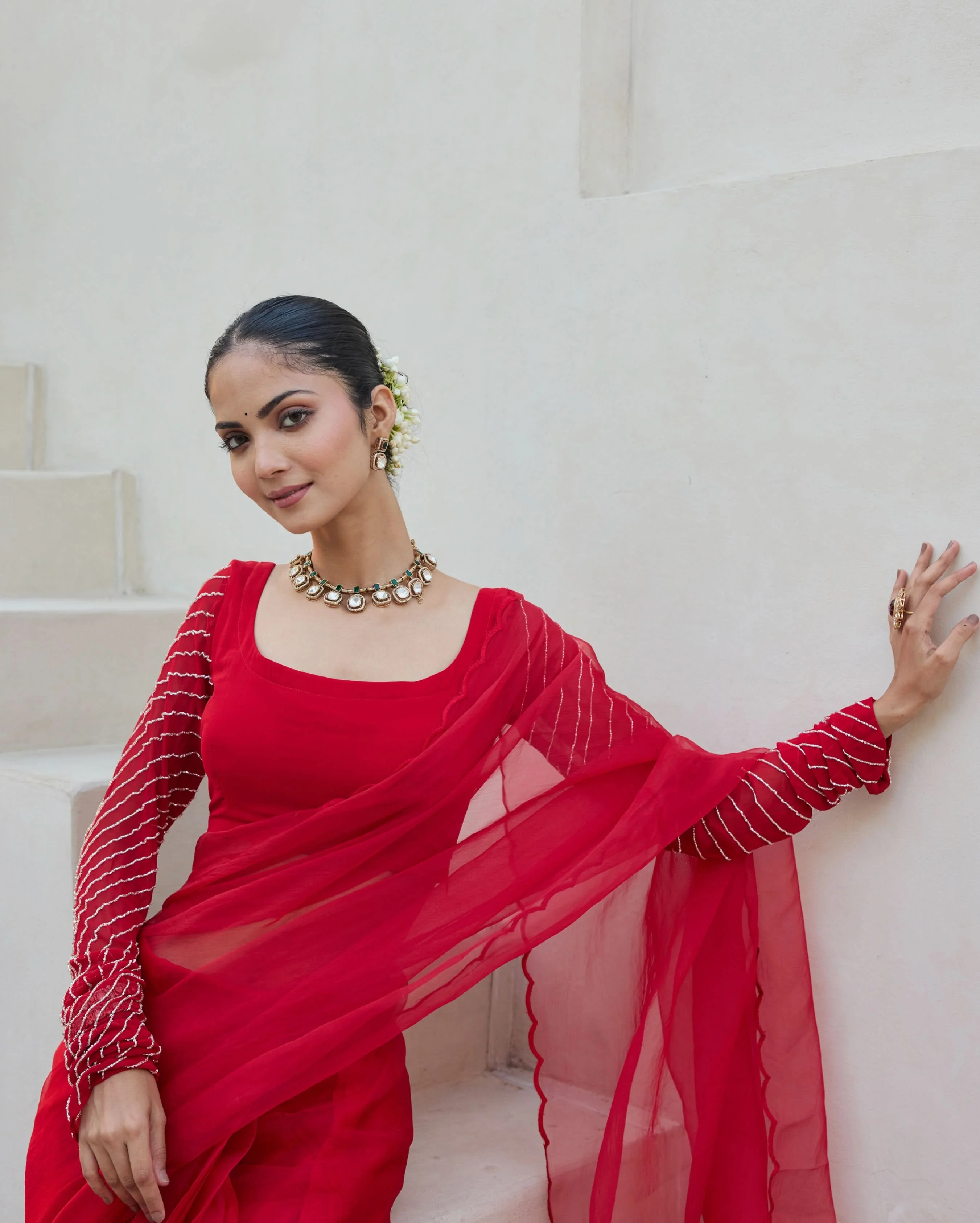Victoria Charm Red Georgette Embroidered Blouse - Image 2