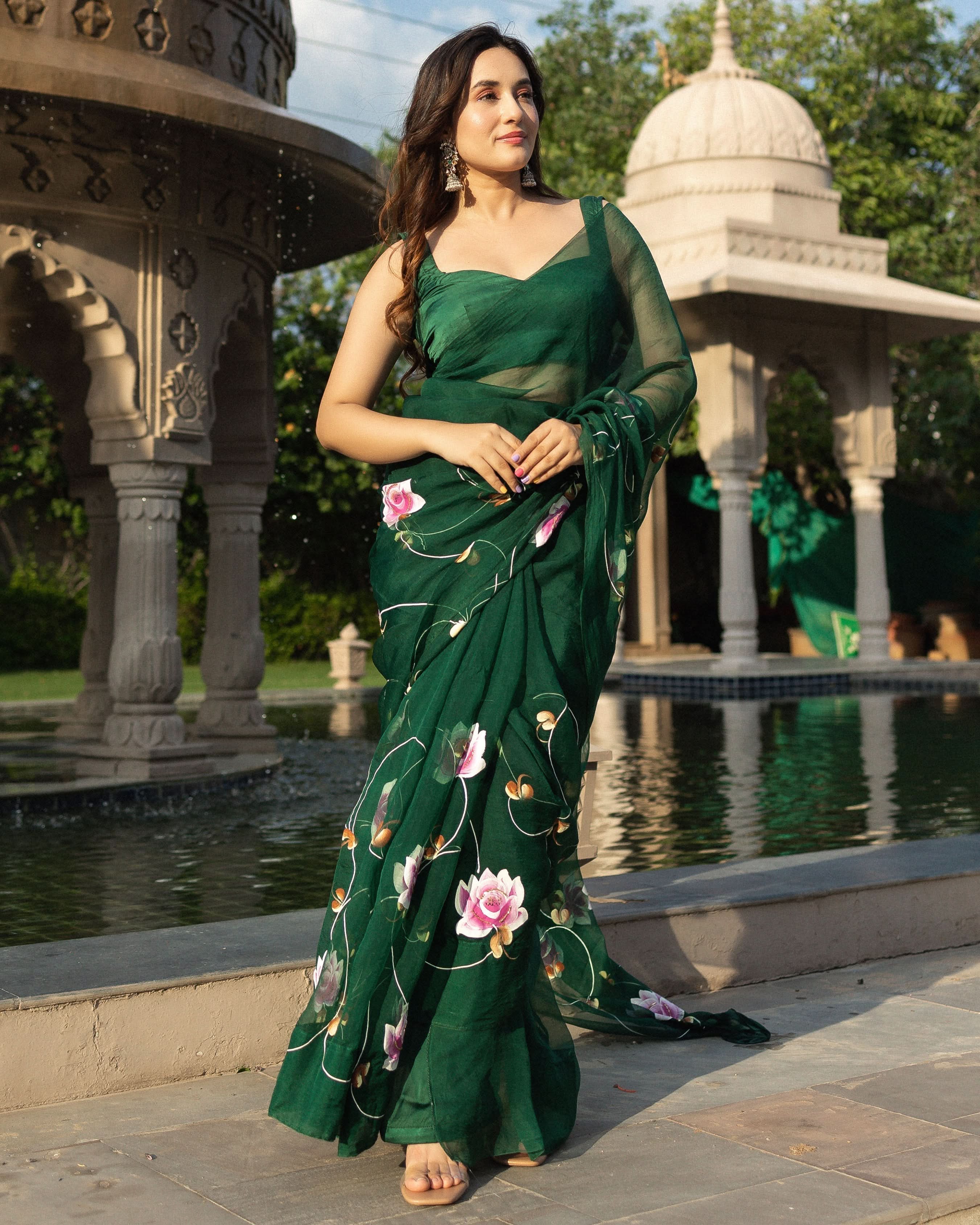 Vilaval Handpainted Organza Saree - Image 4
