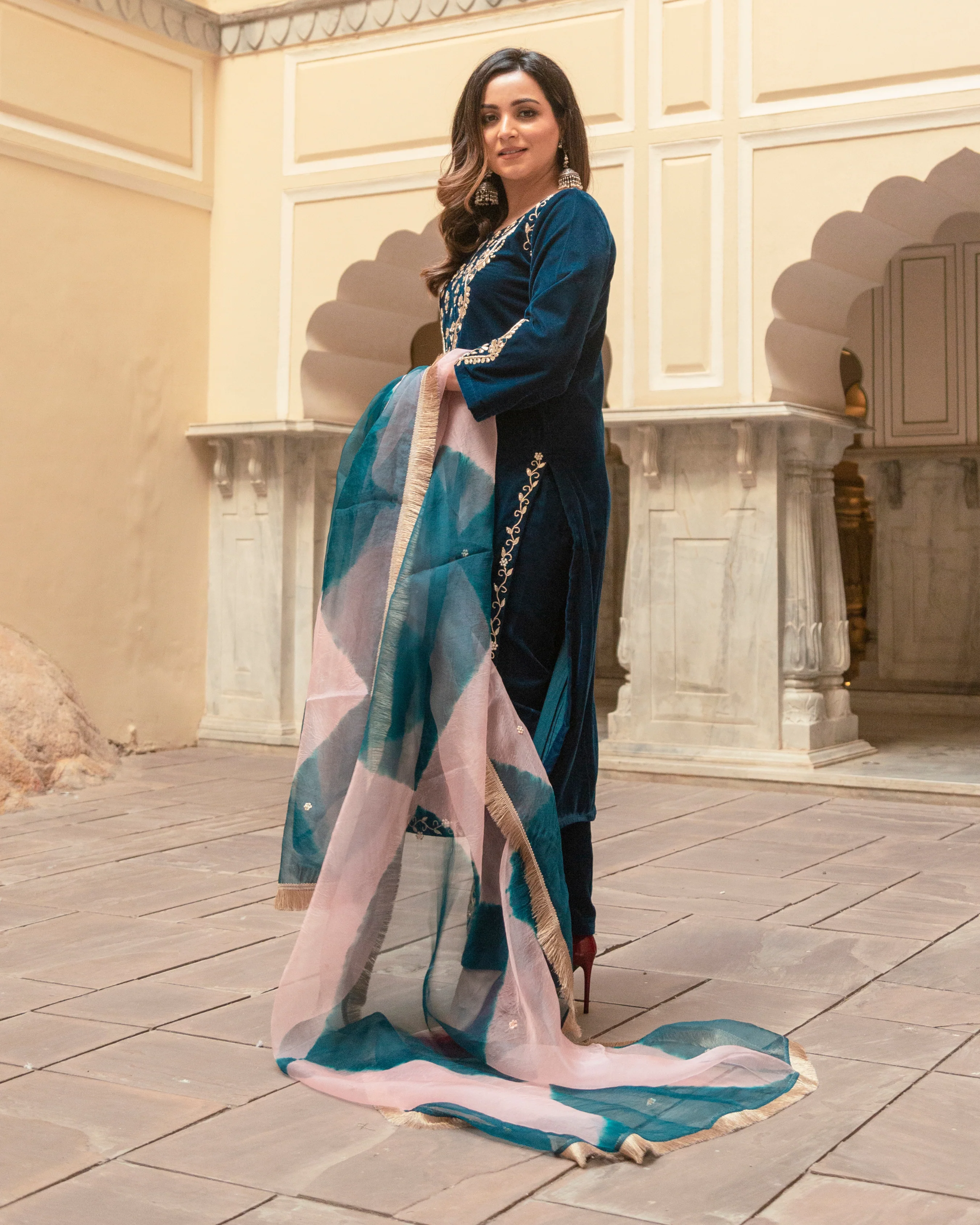 Vintage Blue Velvet Handcrafted Suit Set - Image 9