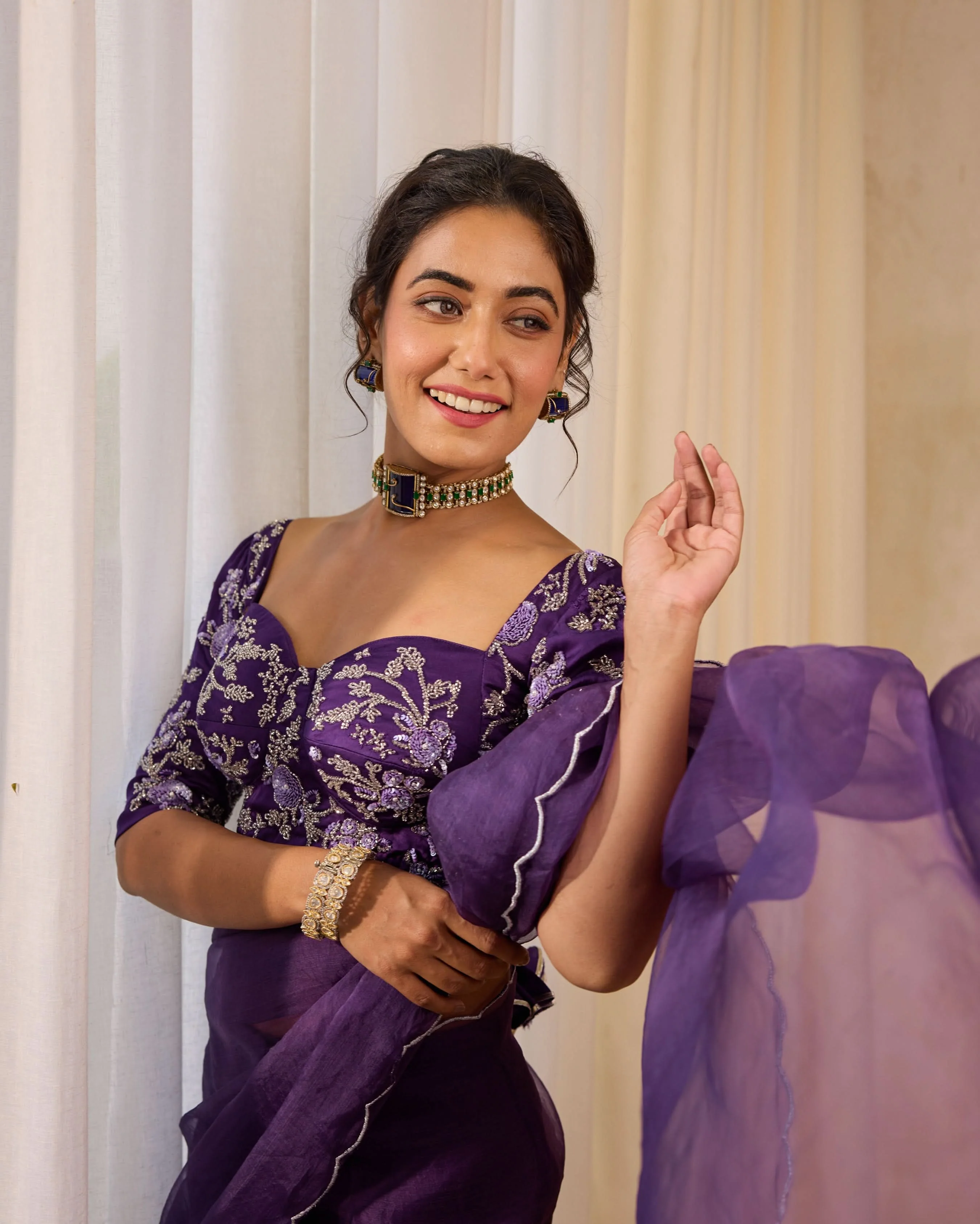 Violet Flutter Satin Embroidered Blouse - Image 2