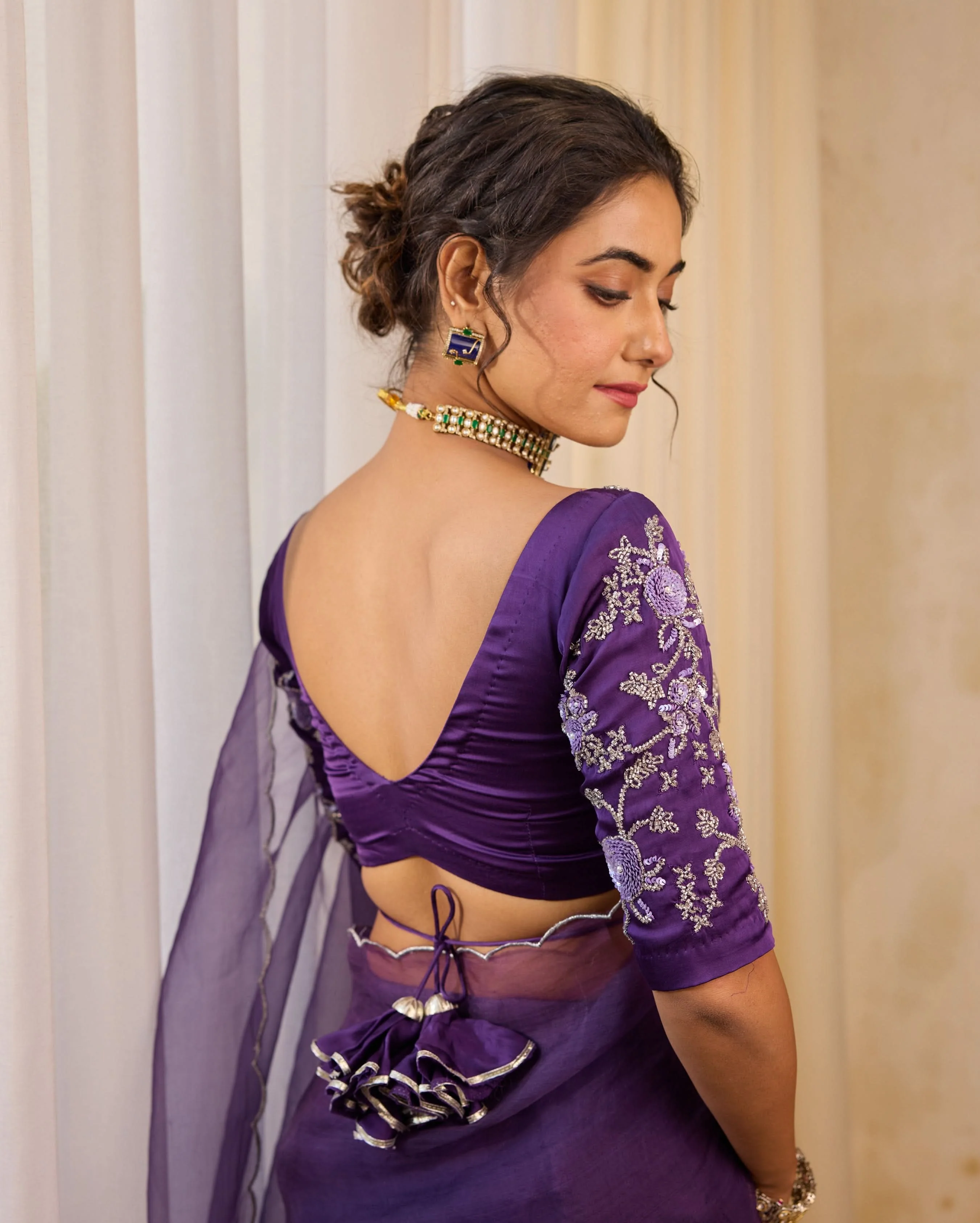 Violet Flutter Satin Embroidered Blouse - Image 6