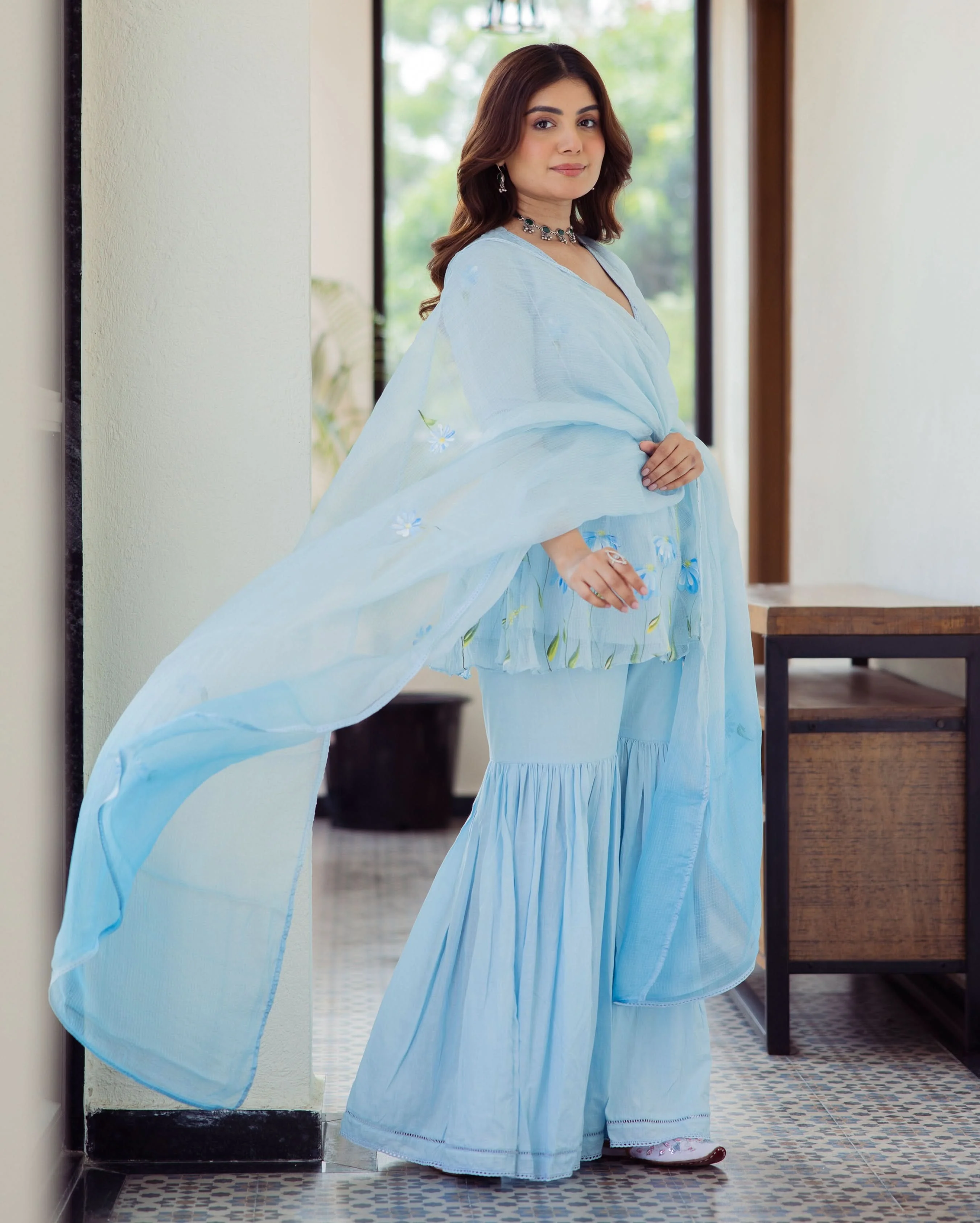 Vivid Blue Handpainted Doria Sharara Set - Image 6
