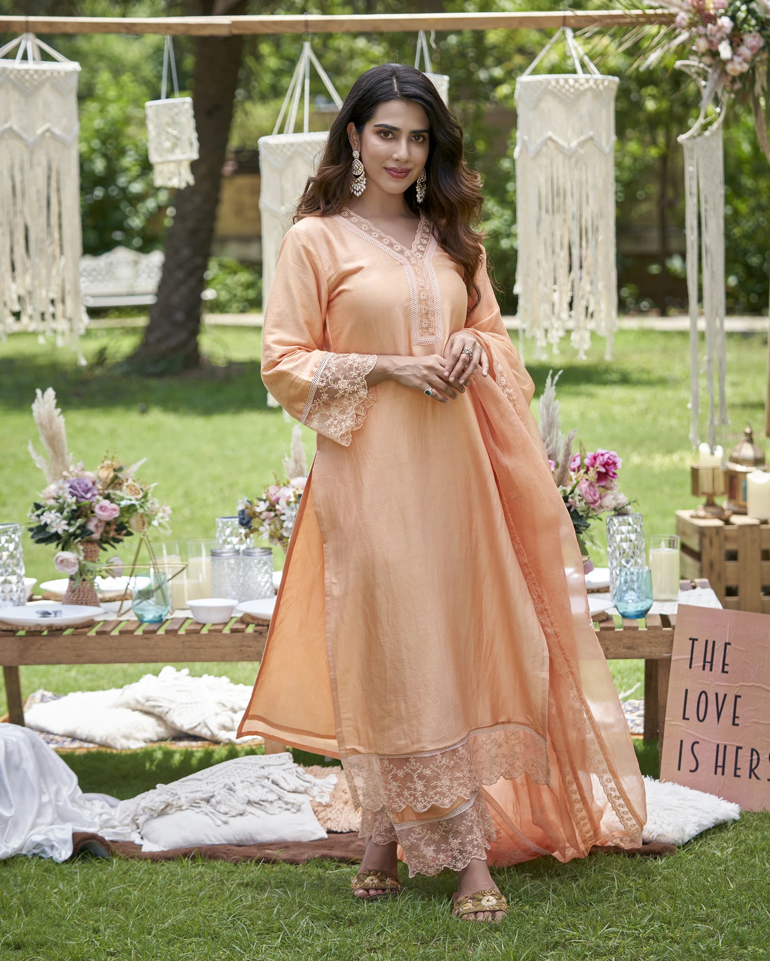 Viyan Pastel Orange Solid Chanderi Kurta Set - Image 2