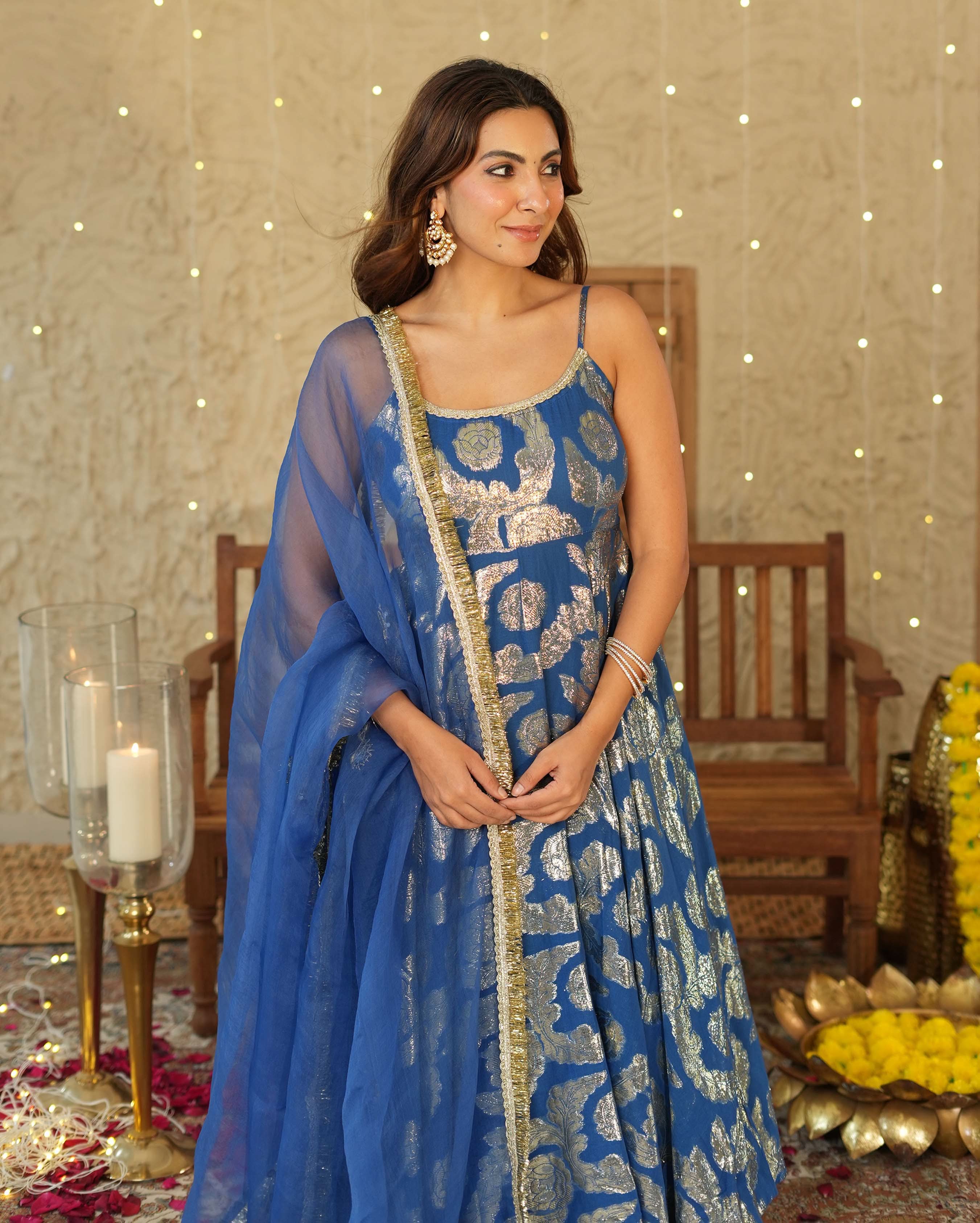 Vrinda Blue Jacquard Suit Set - Image 5