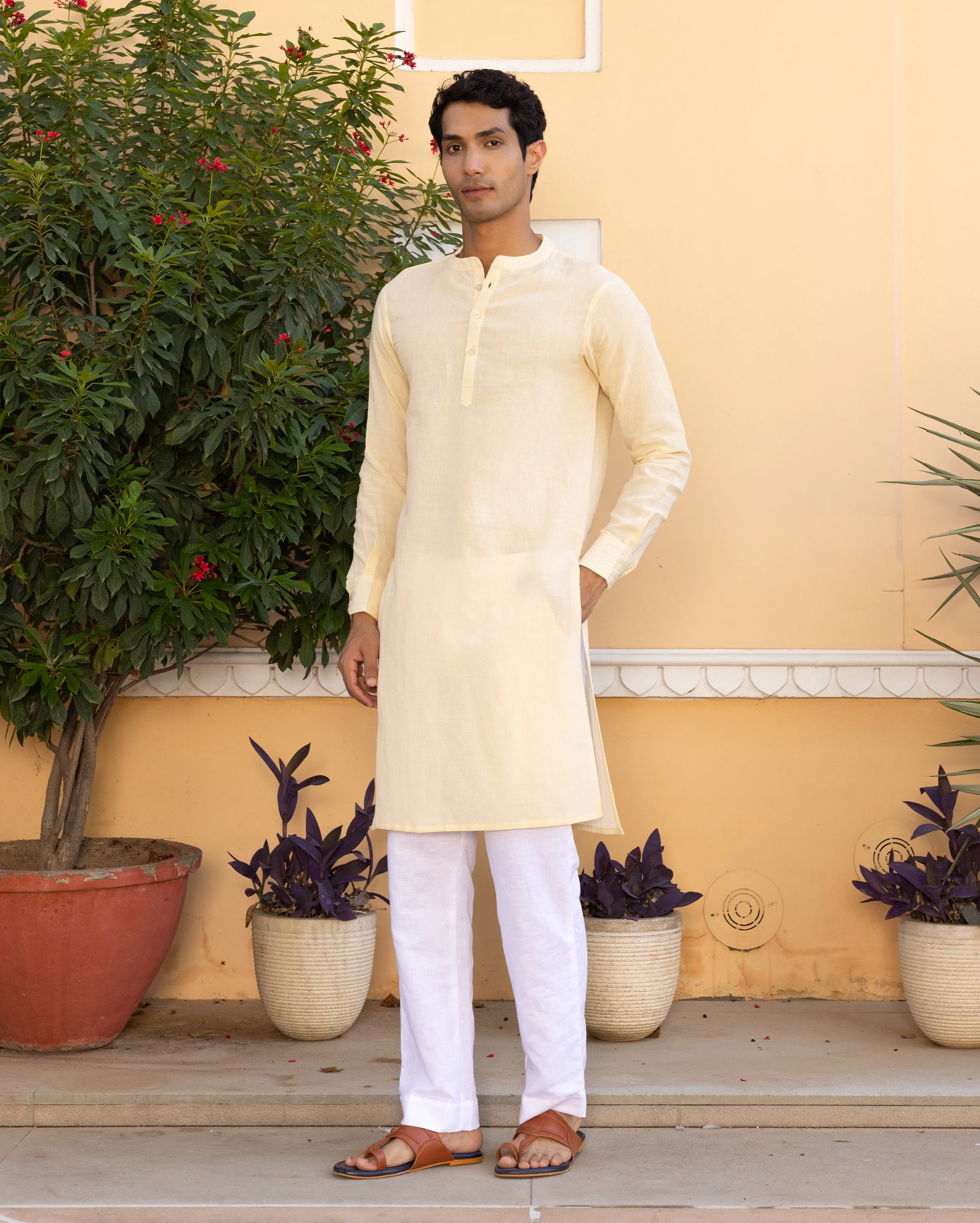 Vyan Cream Solid Linen Kurta - Image 3
