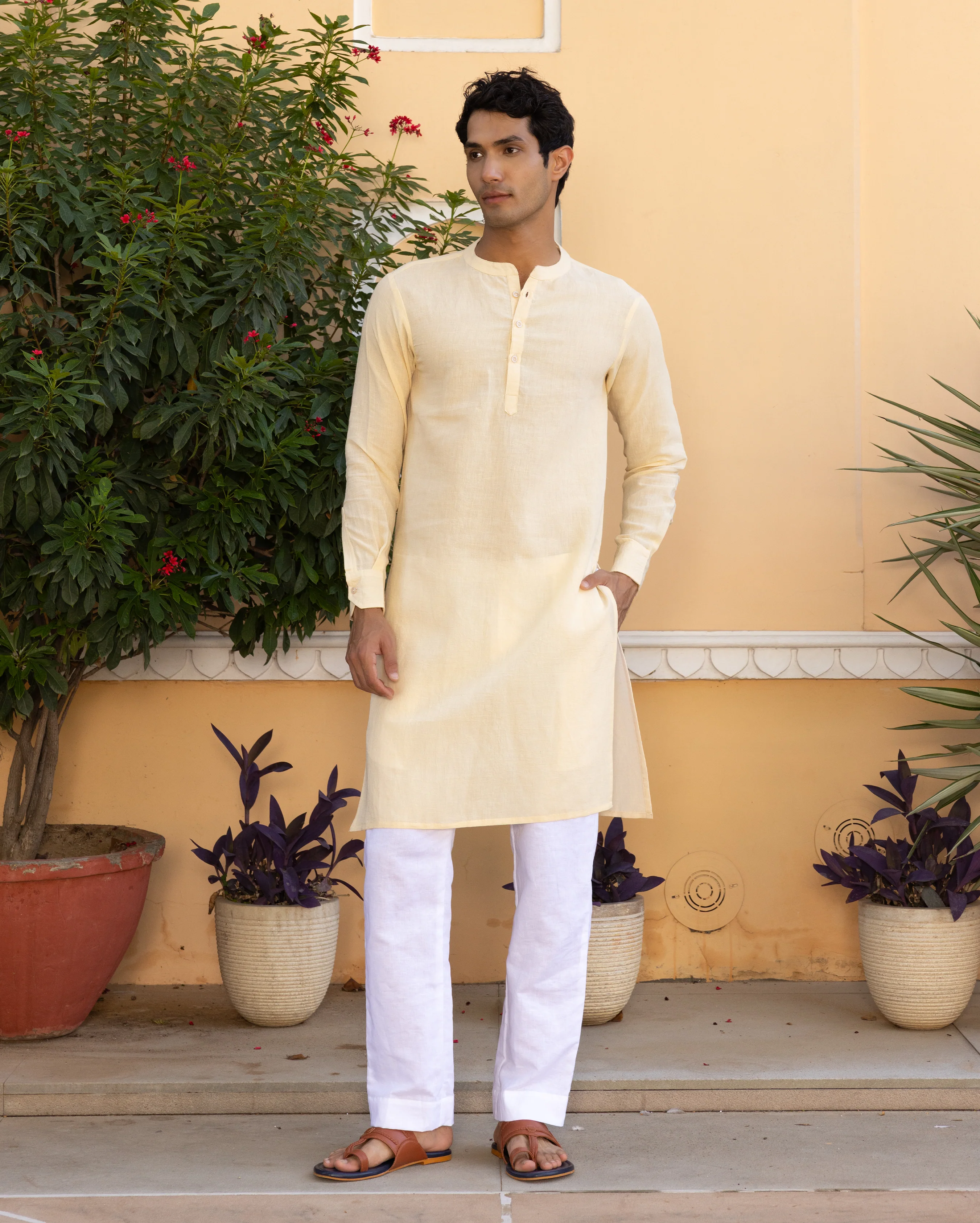 Vyan Cream Solid Linen Kurta - Image 4