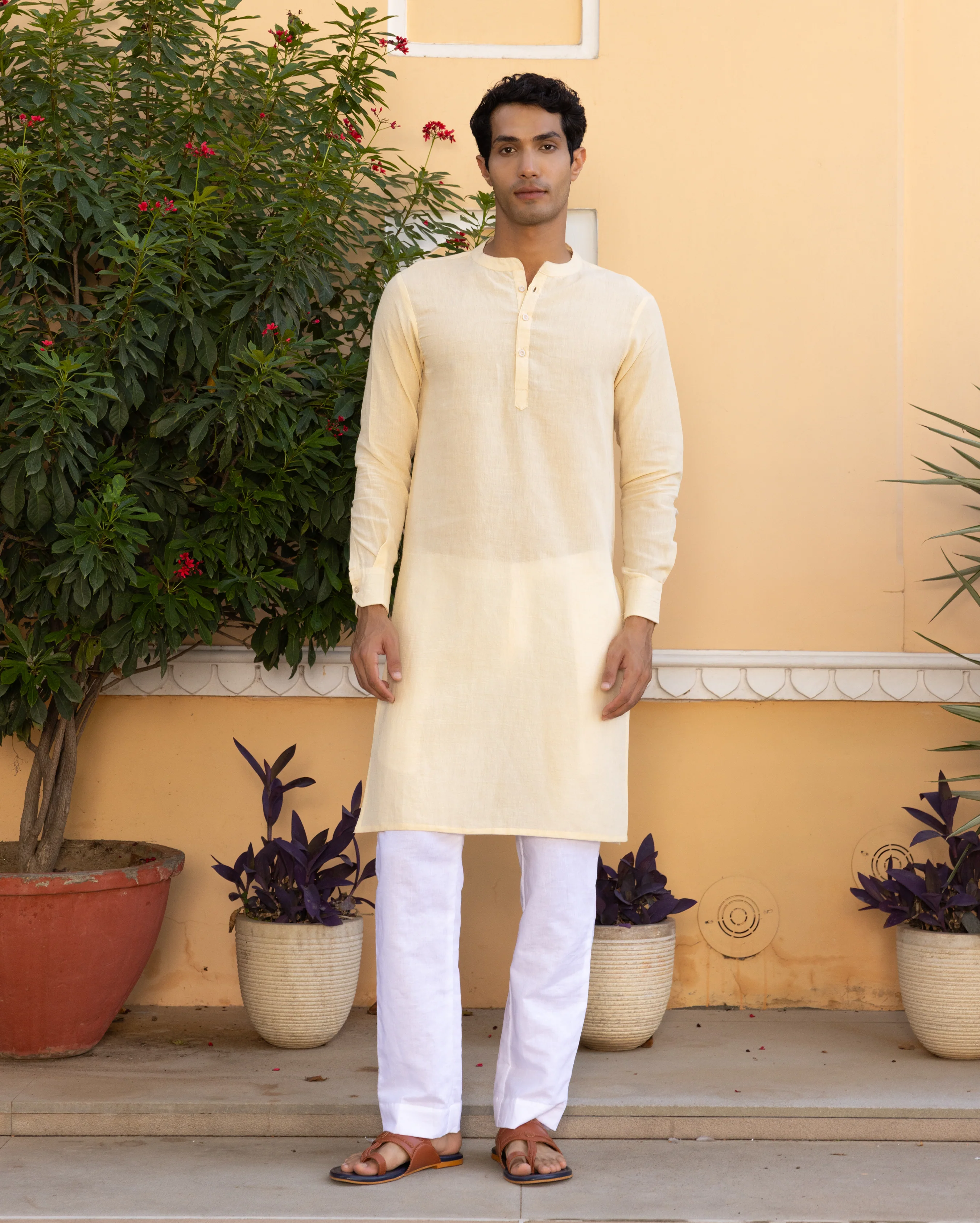 Vyan Cream Solid Linen Kurta - Image 5