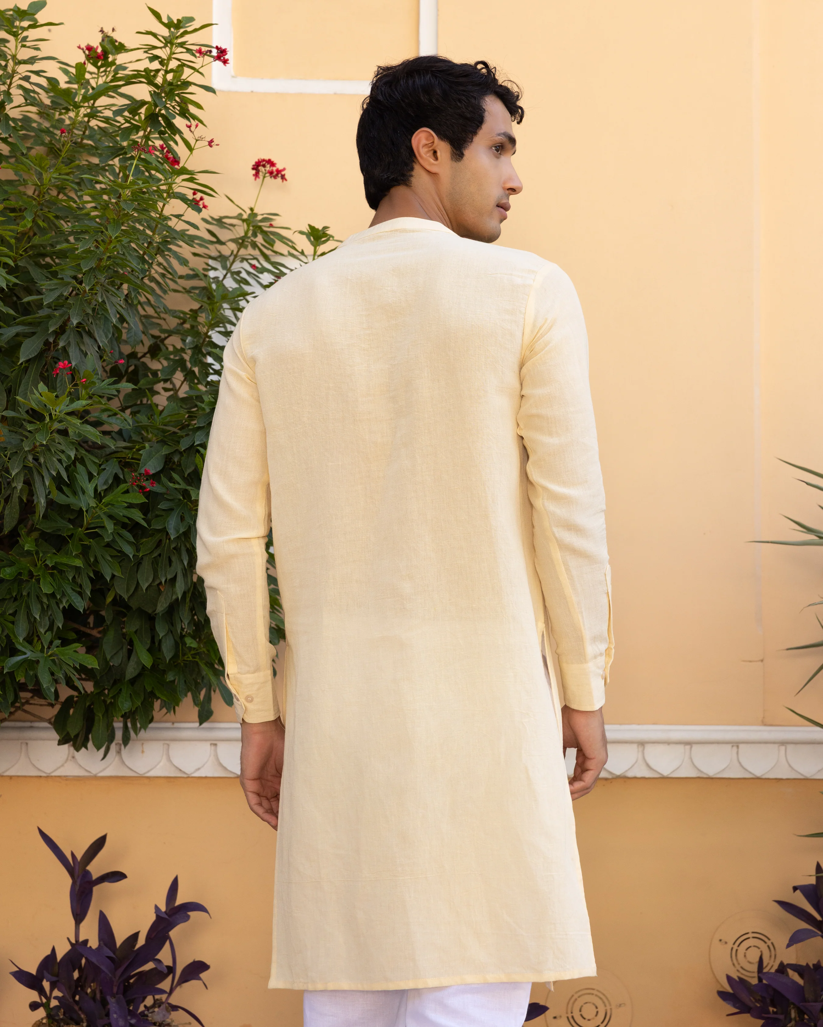 Vyan Cream Solid Linen Kurta - Image 6