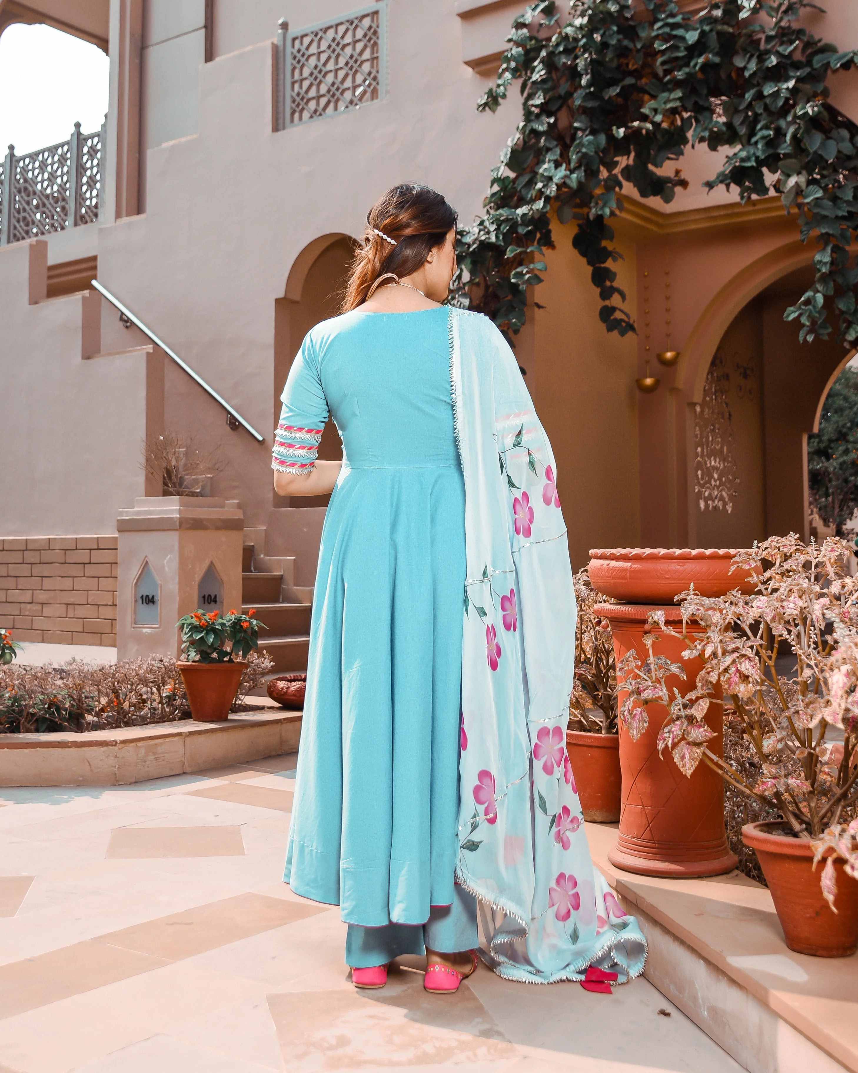 Water Blue Organza Handpainted Suit Set - Image 4