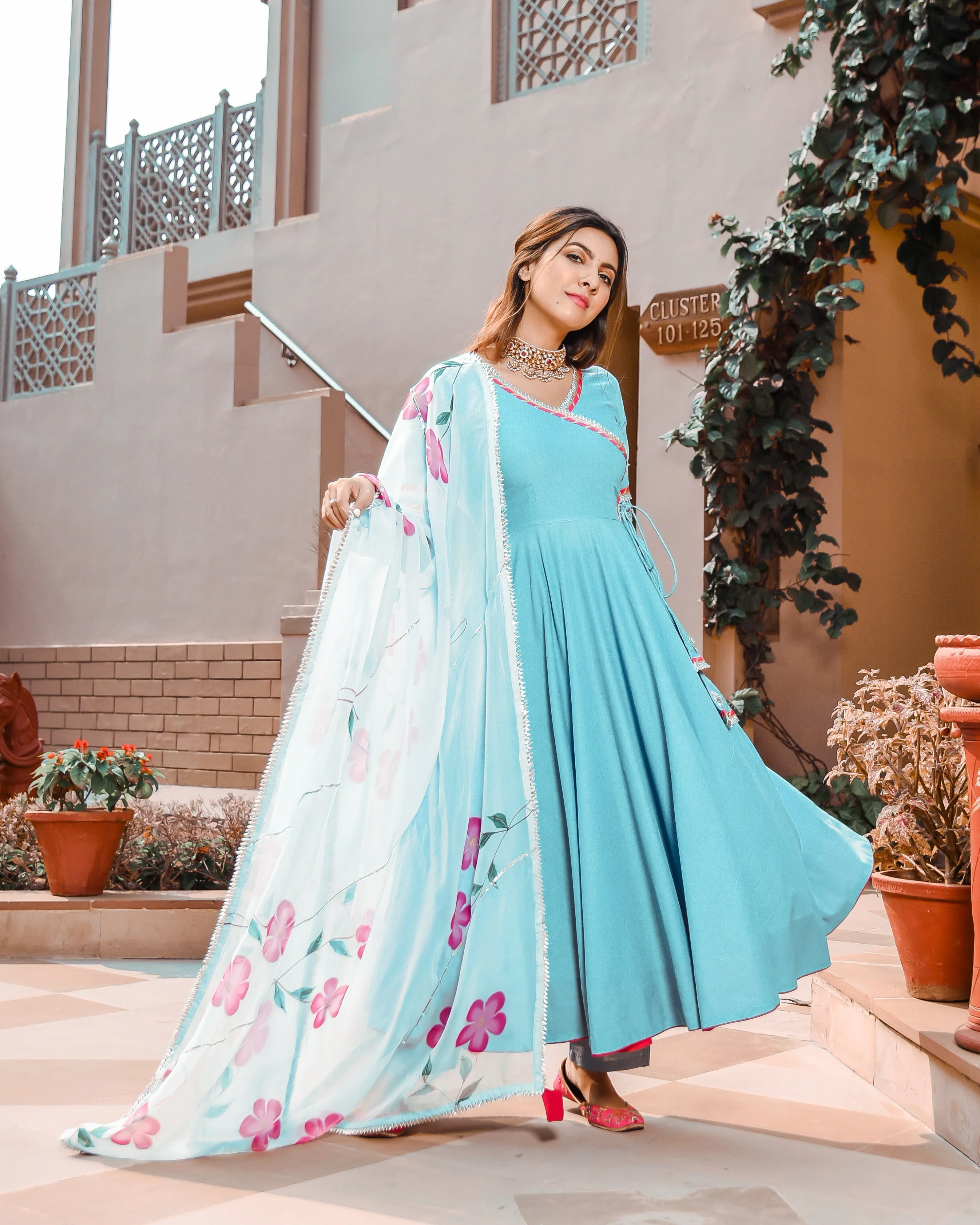 Water Blue Organza Handpainted Suit Set - Image 5