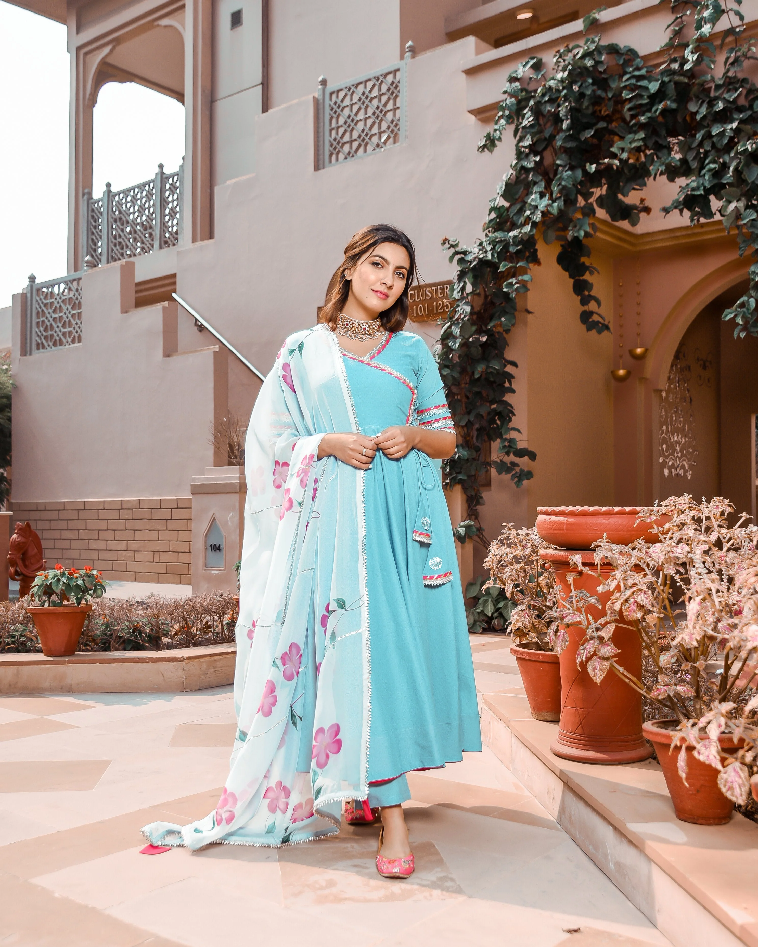 Water Blue Organza Handpainted Suit Set - Image 6