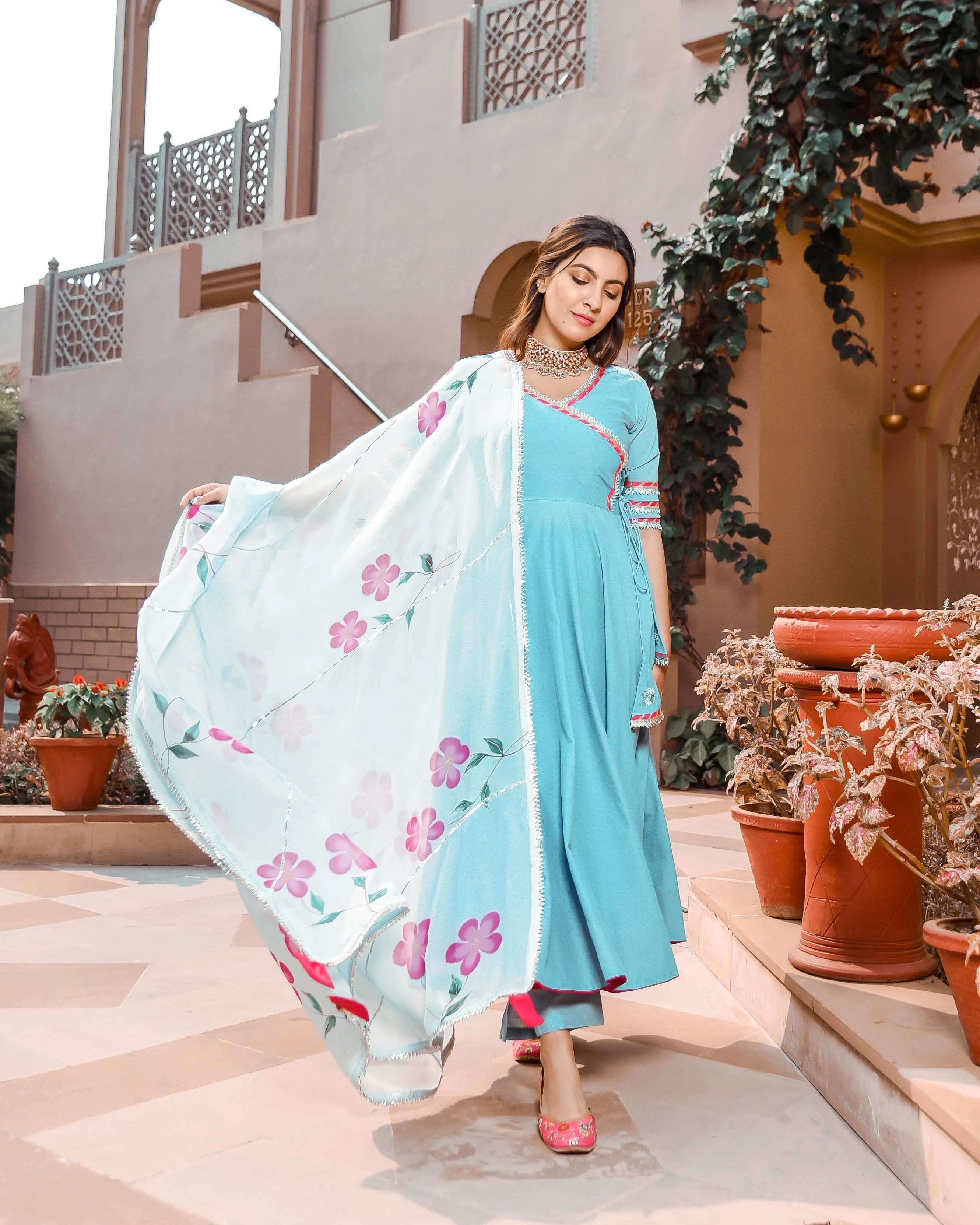 Water Blue Organza Handpainted Suit Set - Image 7