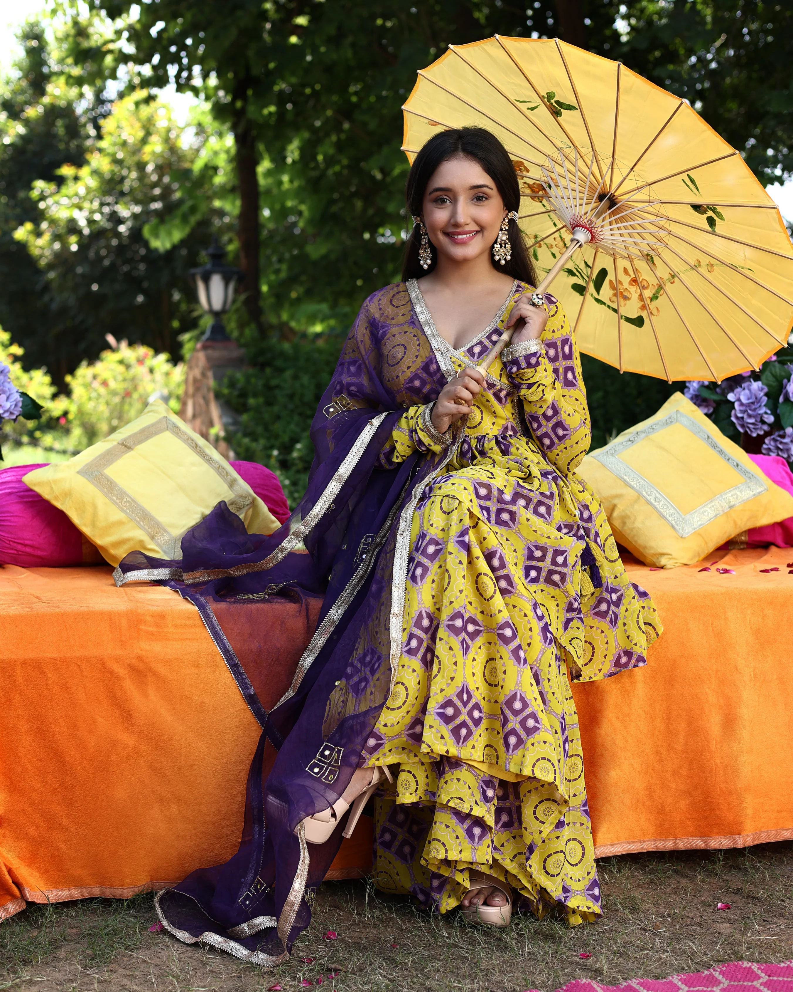 Whirling Shapes Yellow Purple Printed Georgette Sharara Set - Image 2