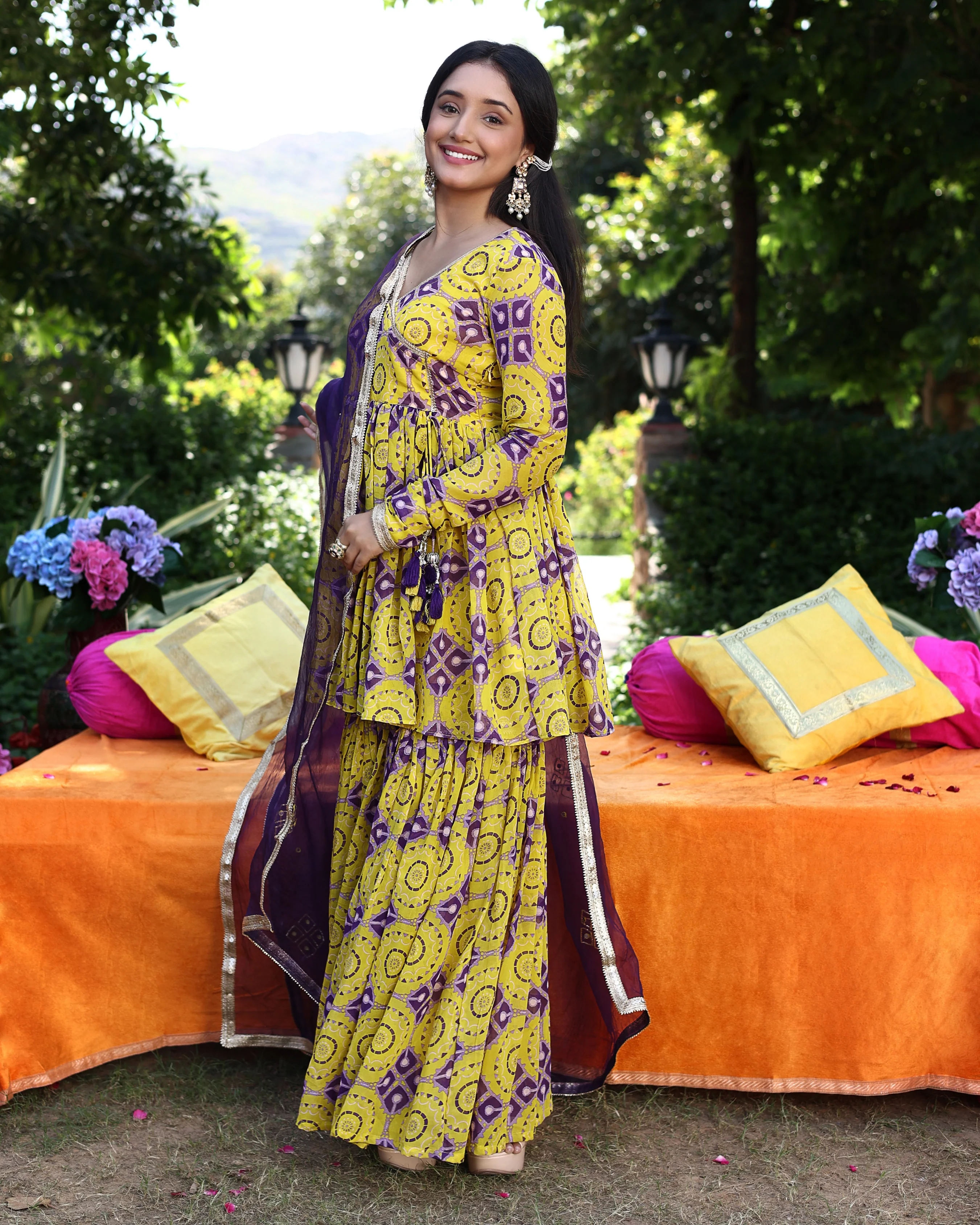 Whirling Shapes Yellow Purple Printed Georgette Sharara Set - Image 3
