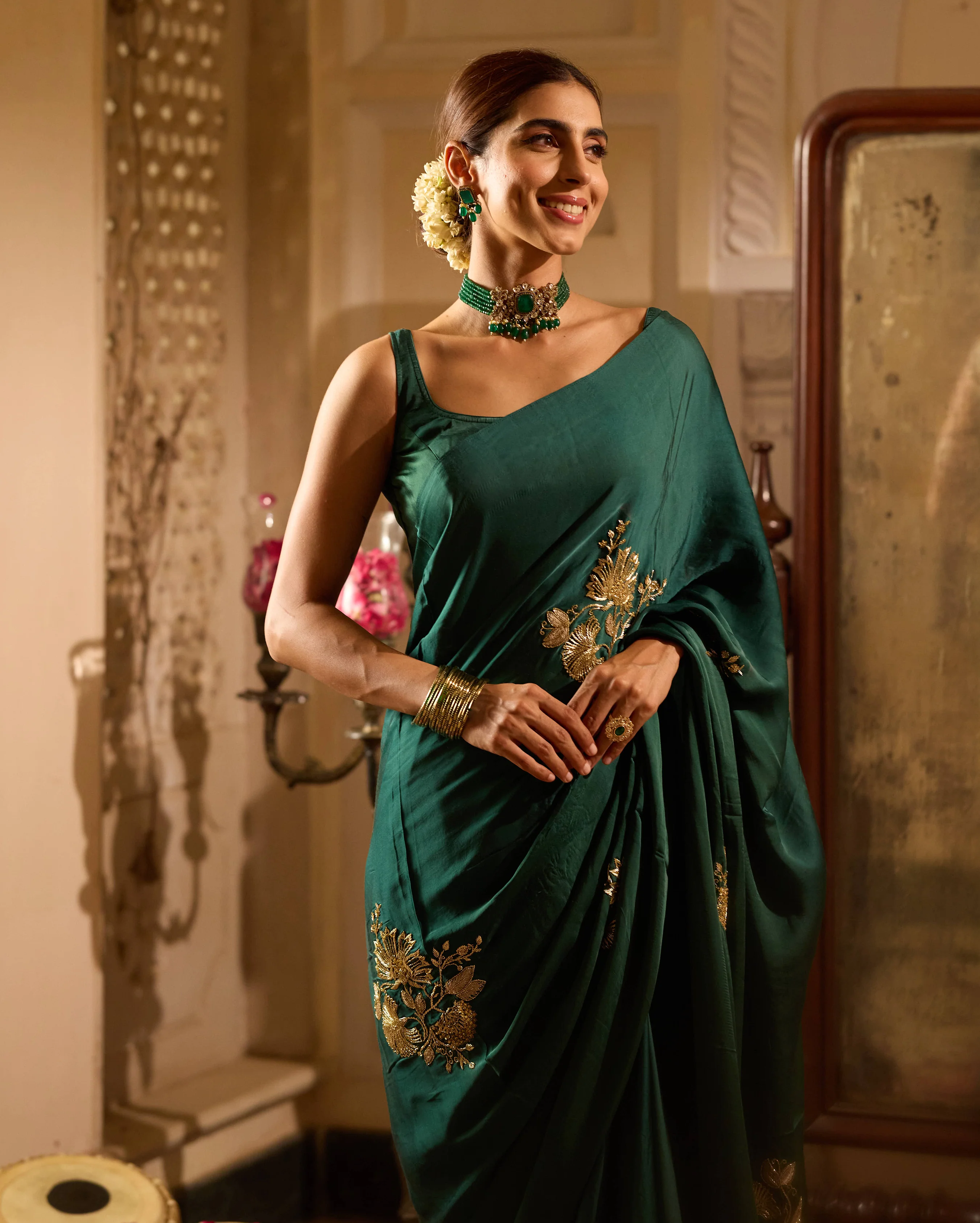 Yaadgaar Green Handcrafted Satin Saree - Image 4