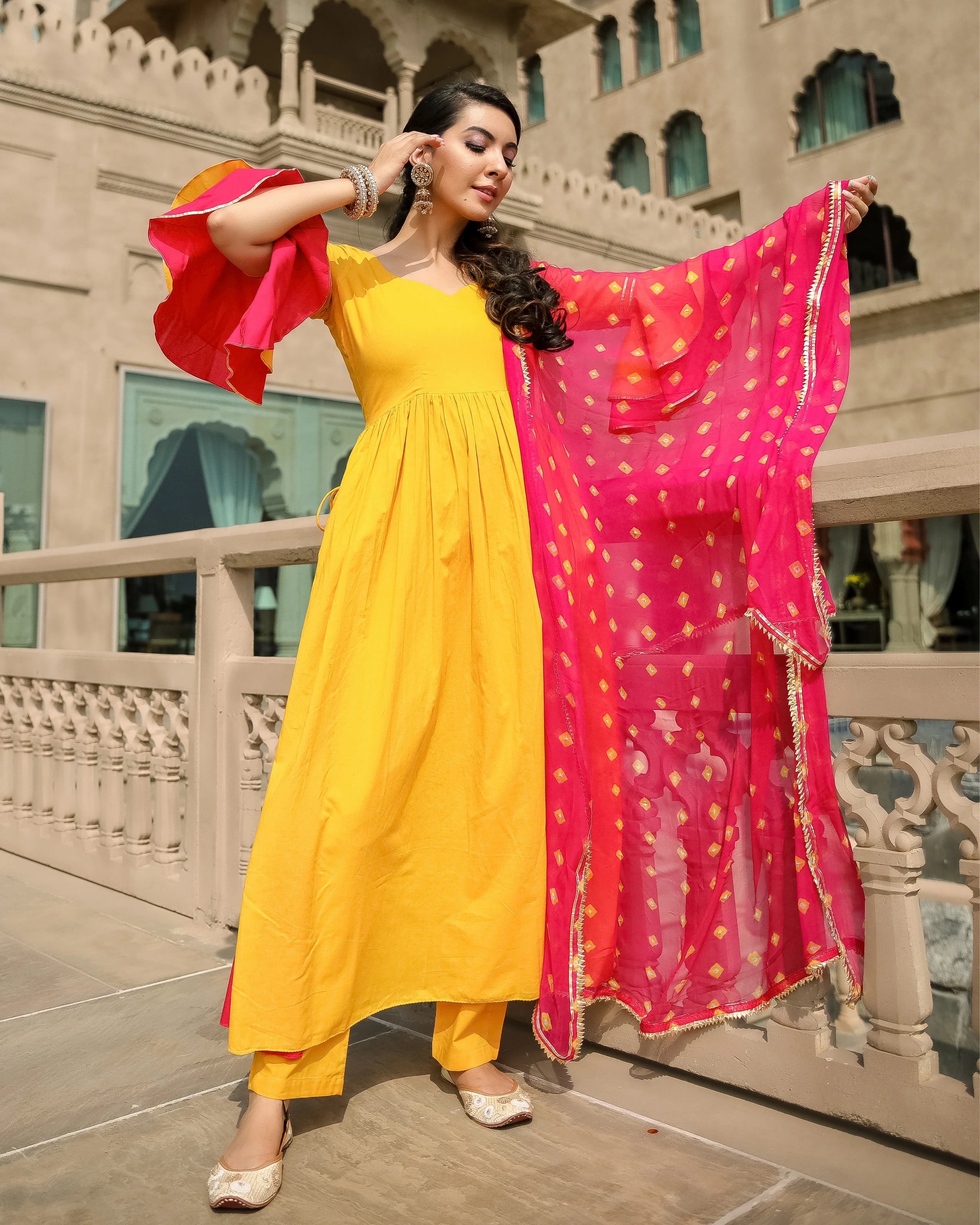 Yellow Beat Leheriya Gota Suit Set - Image 3