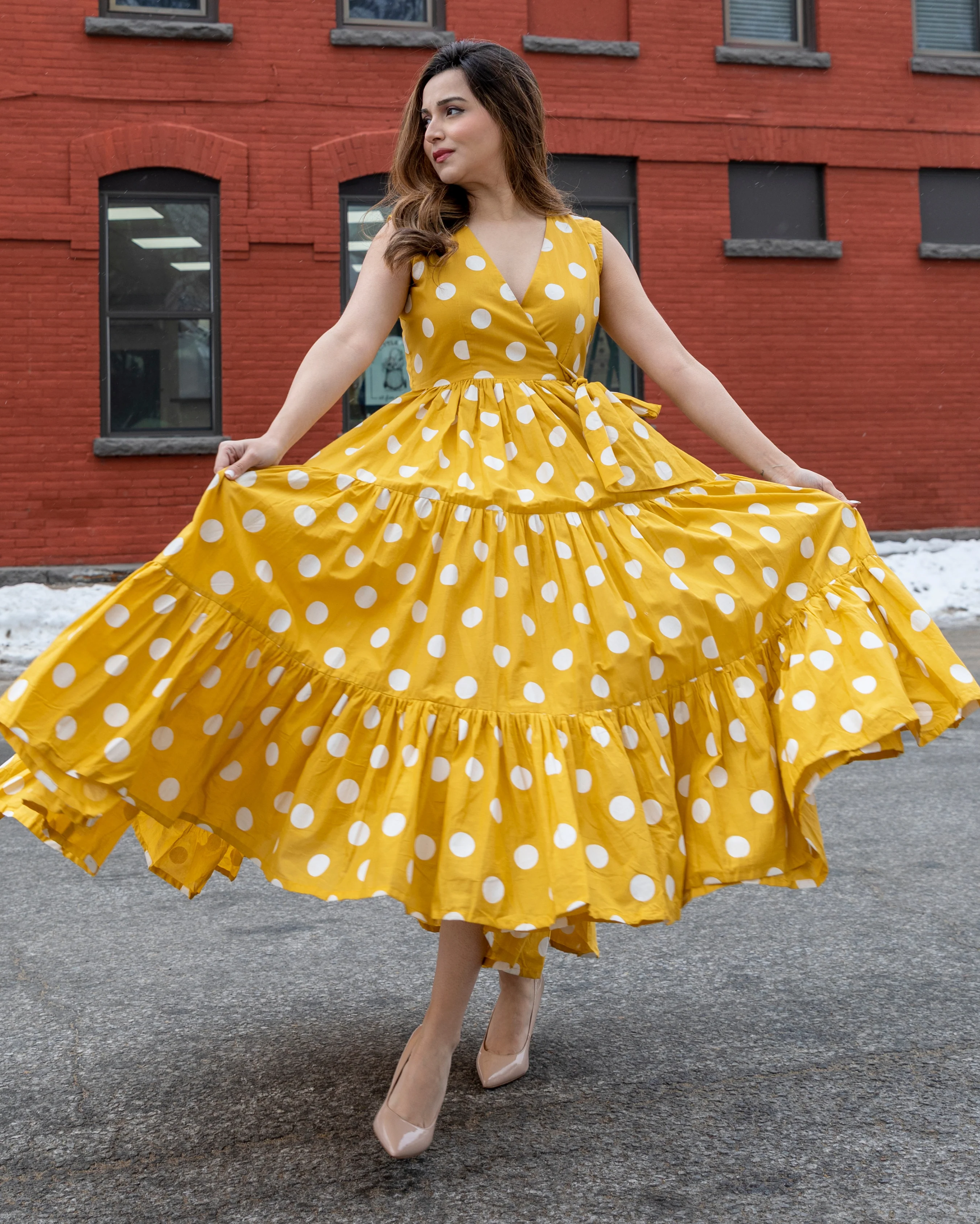 Yellow Daffy Polka Cotton Dress - Image 3